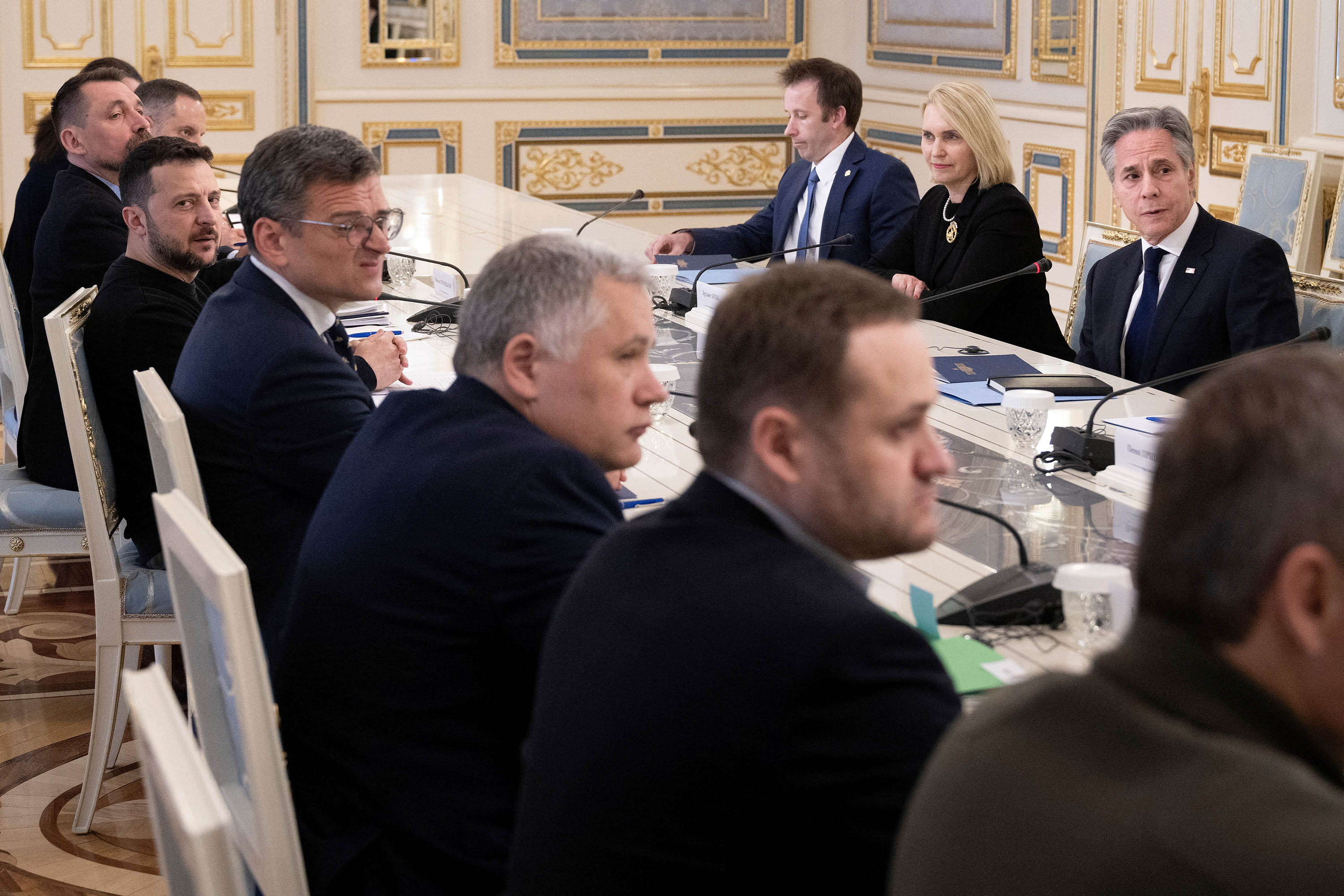 Ukraine's President Volodymyr Zelensky meets with US Secretary of State Antony Blinken and members of their delegations in Kyiv on May 14.  