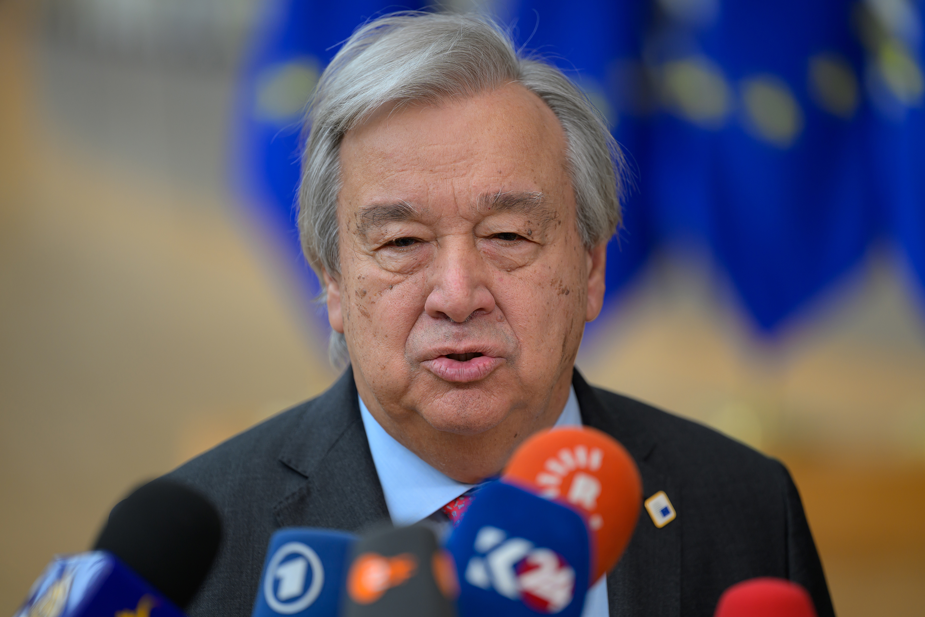 United Nations Secretary-General Antonio Guterres speaks to the press in Brussels, Belgium, on March 21.