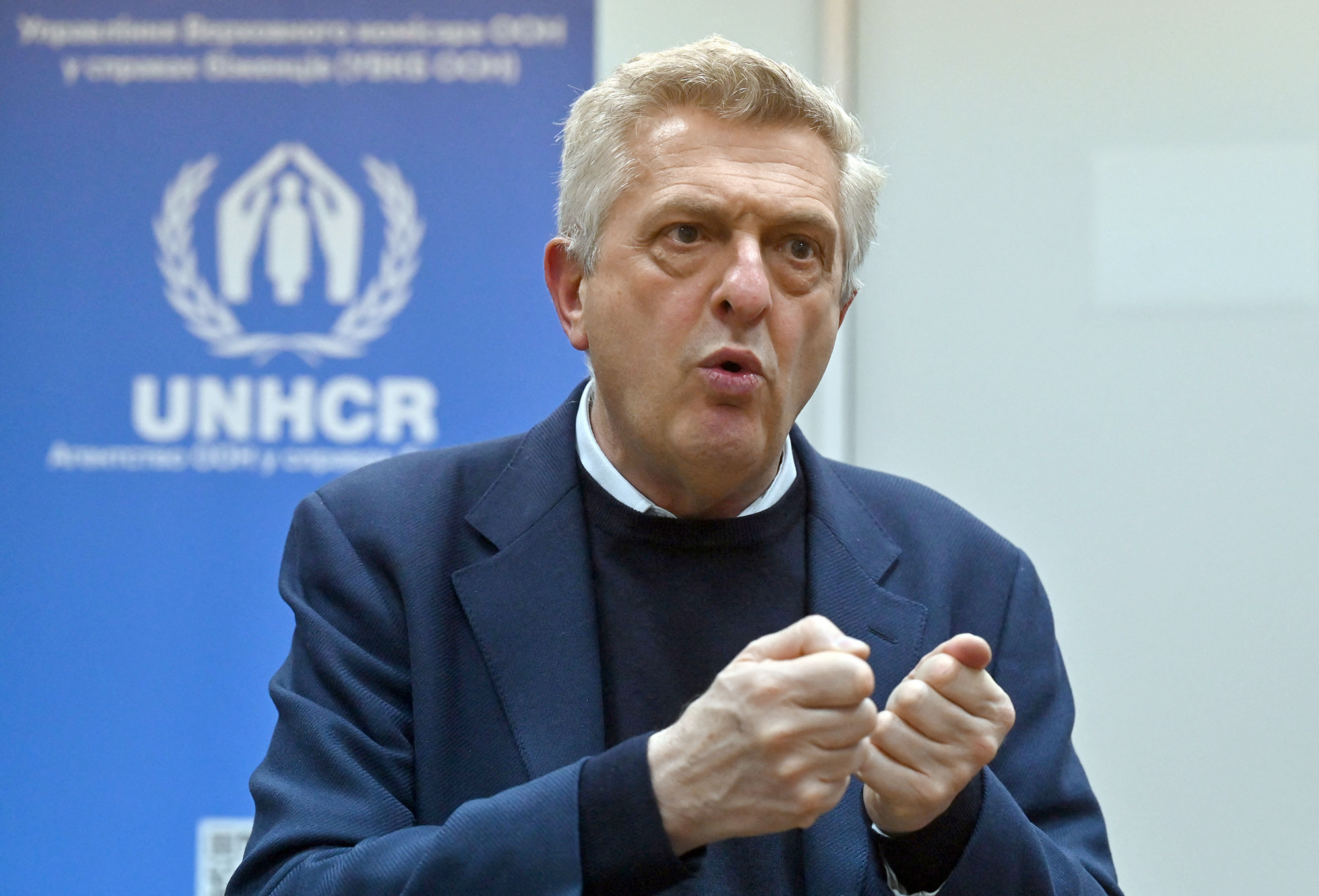 United Nations High Commissioner for Refugees Filippo Grandi talks with a journalist in Kyiv, Ukraine, on January 26.