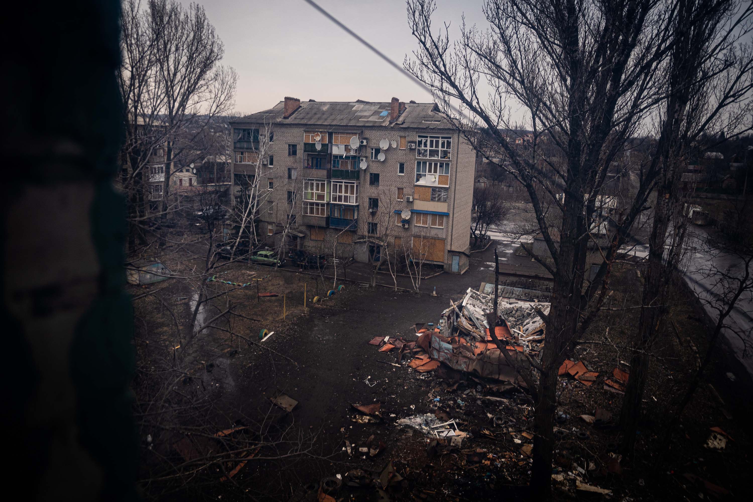 A view from a window of an apartment destroyed by Russian forces in Kostiantynivka, near Bakhmut, Ukraine, on February 27. 