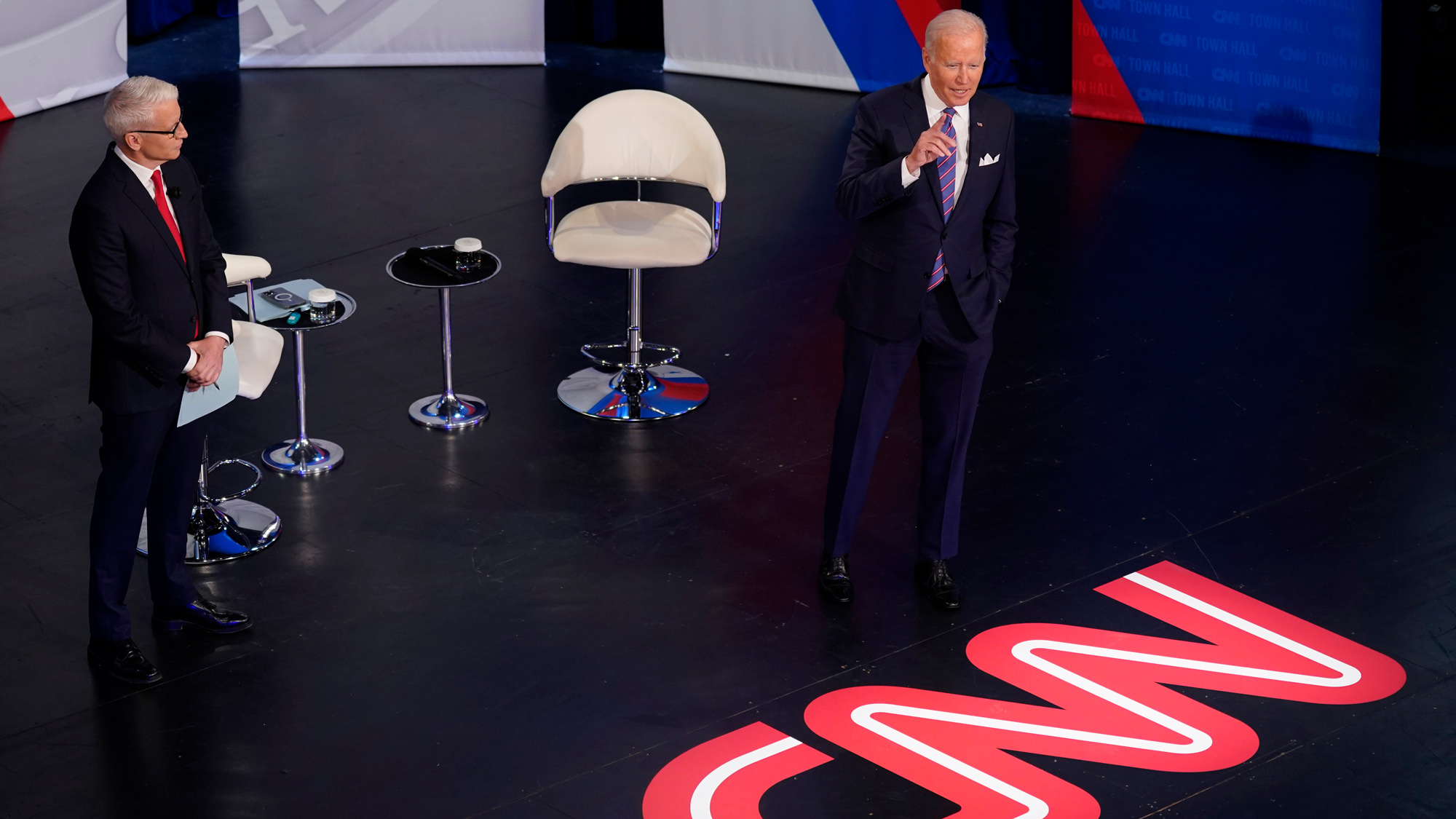 President Joe Biden participates in a CNN town hall at the Baltimore Center Stage Pearlstone Theater on October 21 in Baltimore with moderator Anderson Cooper. 