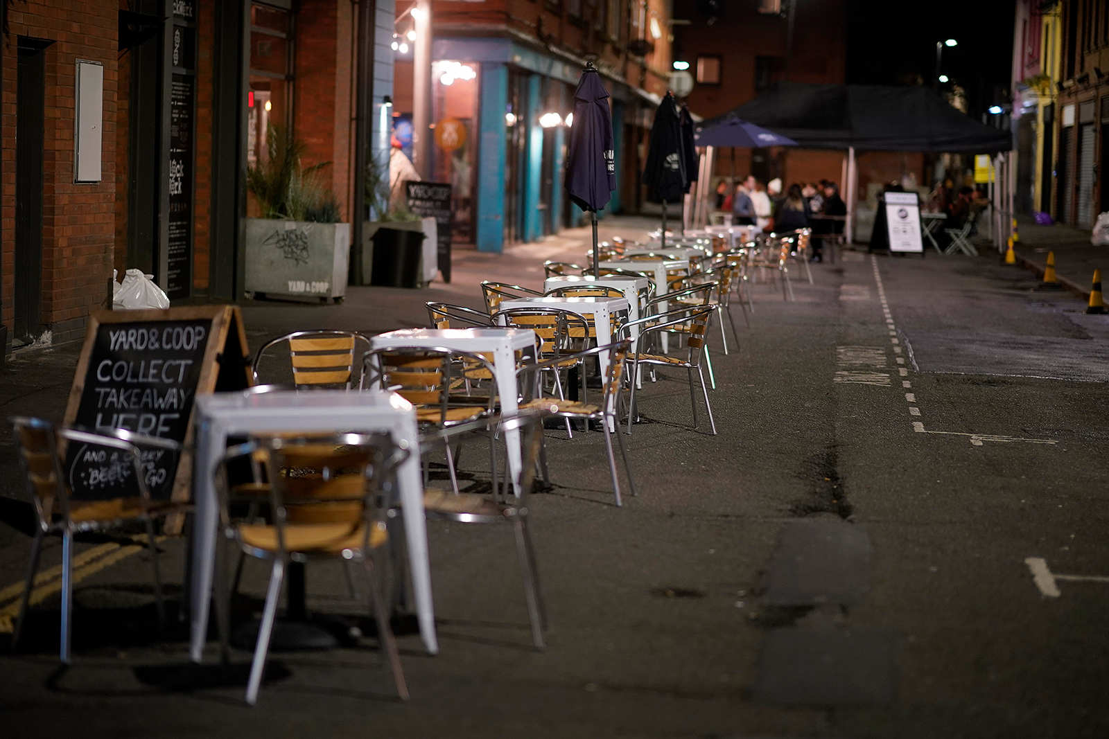 Empty tables and chairs on the eve of new Tier-3 Covid-19 restrictions in Manchester, England, on October 22.