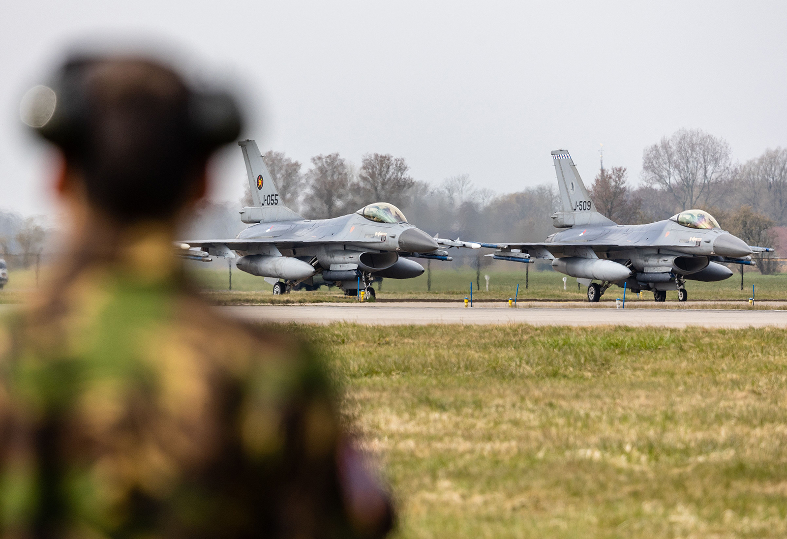 F-16 fighter jets during the NATO international air force exercise Frisian Flag, at Leeuwarden Air Base, Netherlands, on March 28, 2022.