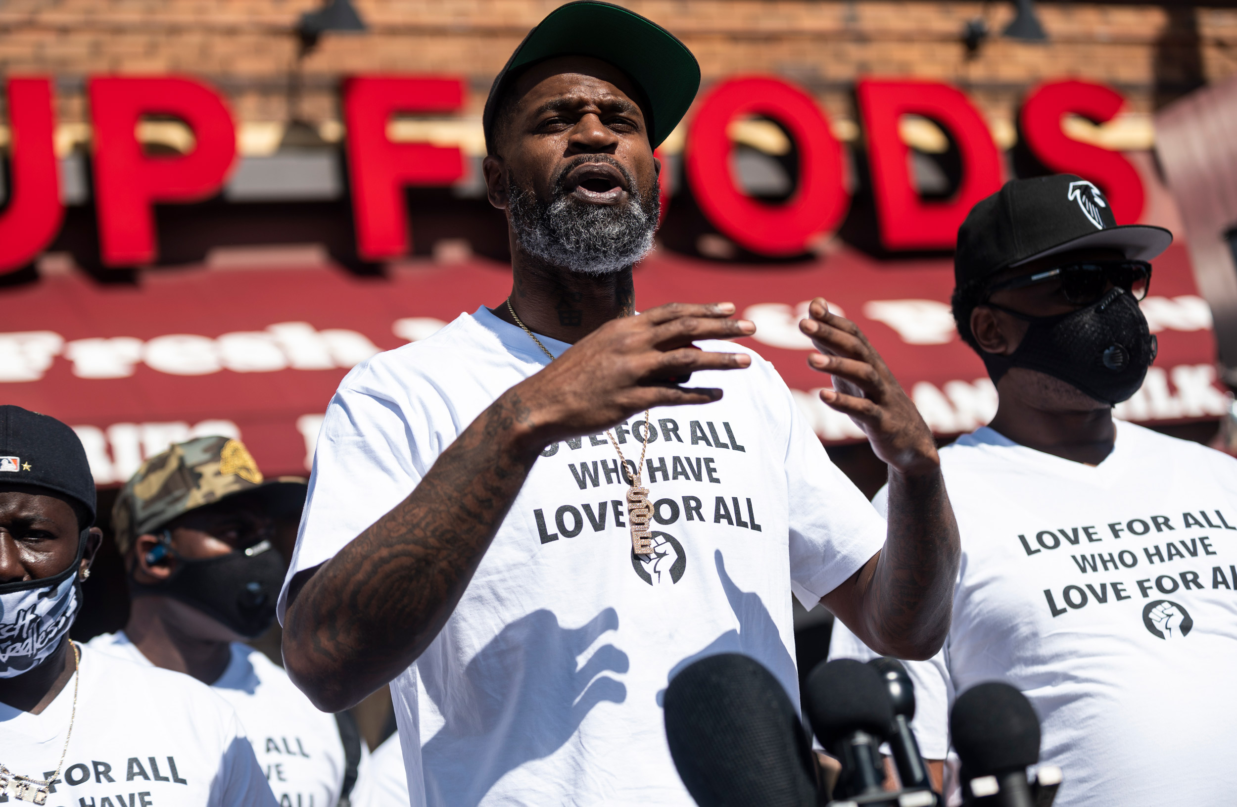 Former NBA player Stephen Jackson, a friend of George Floyd's, speaks at a memorial on June 3 in Minneapolis.