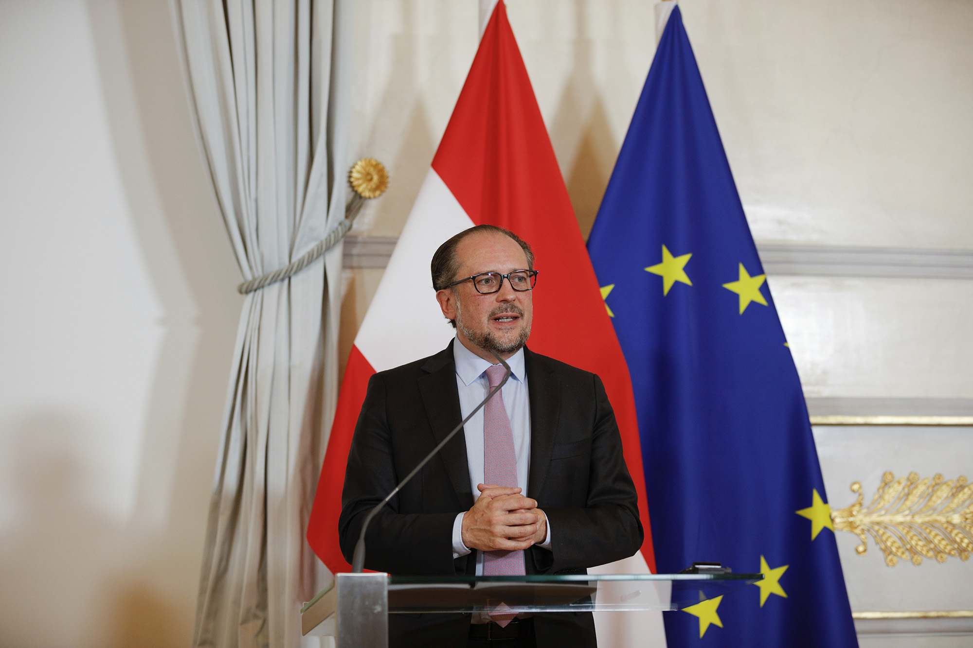 Austrian Foreign Minister Alexander Schallenberg addresses the media during a press conference at the Federal Chancellery in Vienna, Austria, on May 11.