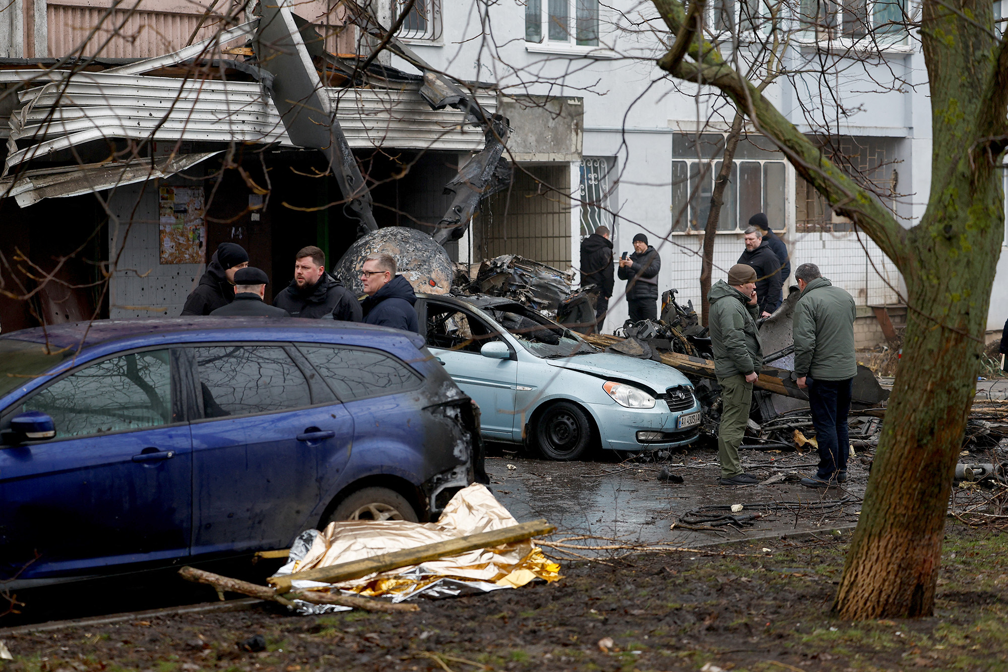 The site where a helicopter crashed in the town of Brovary, outside Kyiv, Ukraine, on January 18.