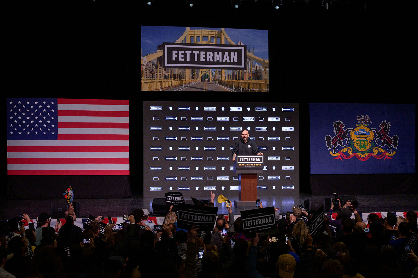 John Fetterman addresses supporters at his election night party in Pittsburgh on Tuesday.