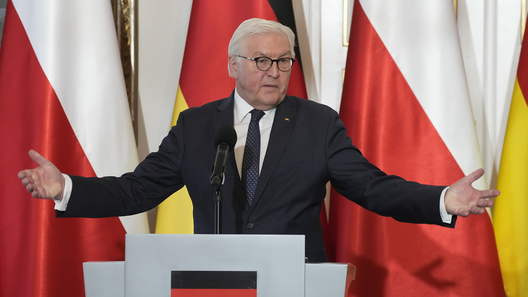 German President Frank-Walter Steinmeier gestures during a news conference with Polish President Andrzej Duda in Warsaw, Poland on Tuesday, April 12.