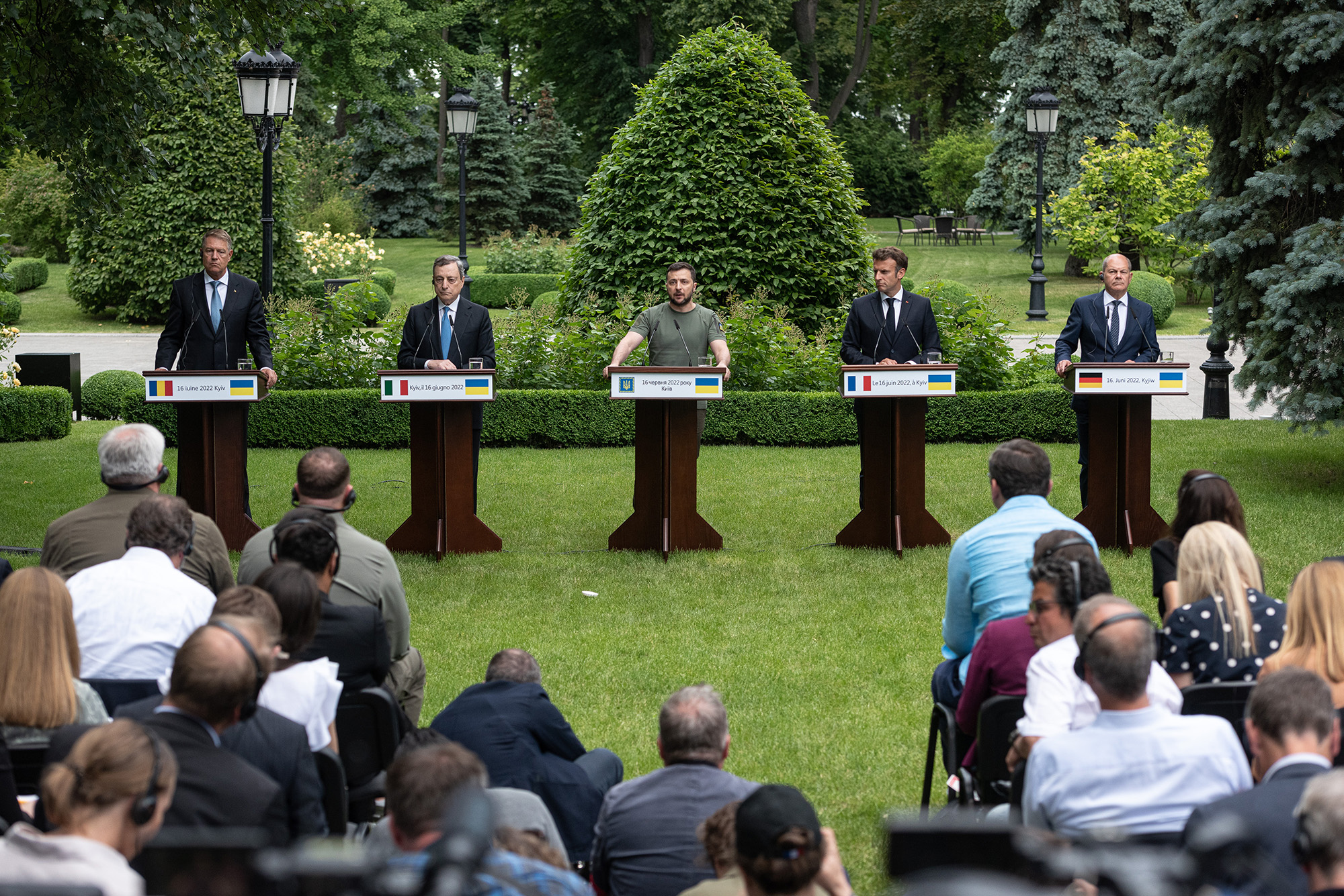 Left to right, Romanian President Klaus Iohannis, Italian Prime Minister Mario Draghi, Ukrainian President Volodymyr Zelensky, Frances President Emmanuel Macron and German Chancellor Olaf Scholz are seen during a press conference on June 16, in Kyiv, Ukraine. 