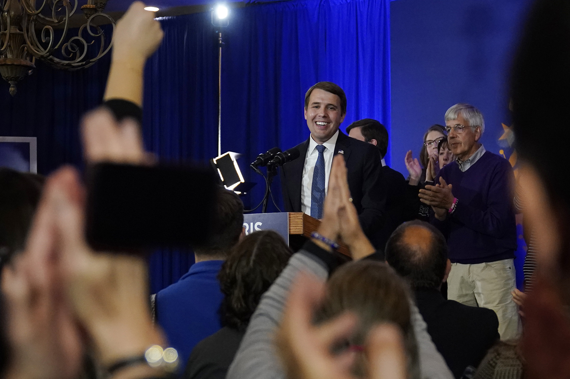 Rep. Chris Pappas is congratulated by supporters at an election night gathering in Manchester, New Hampshire on Tuesday, November 8.
