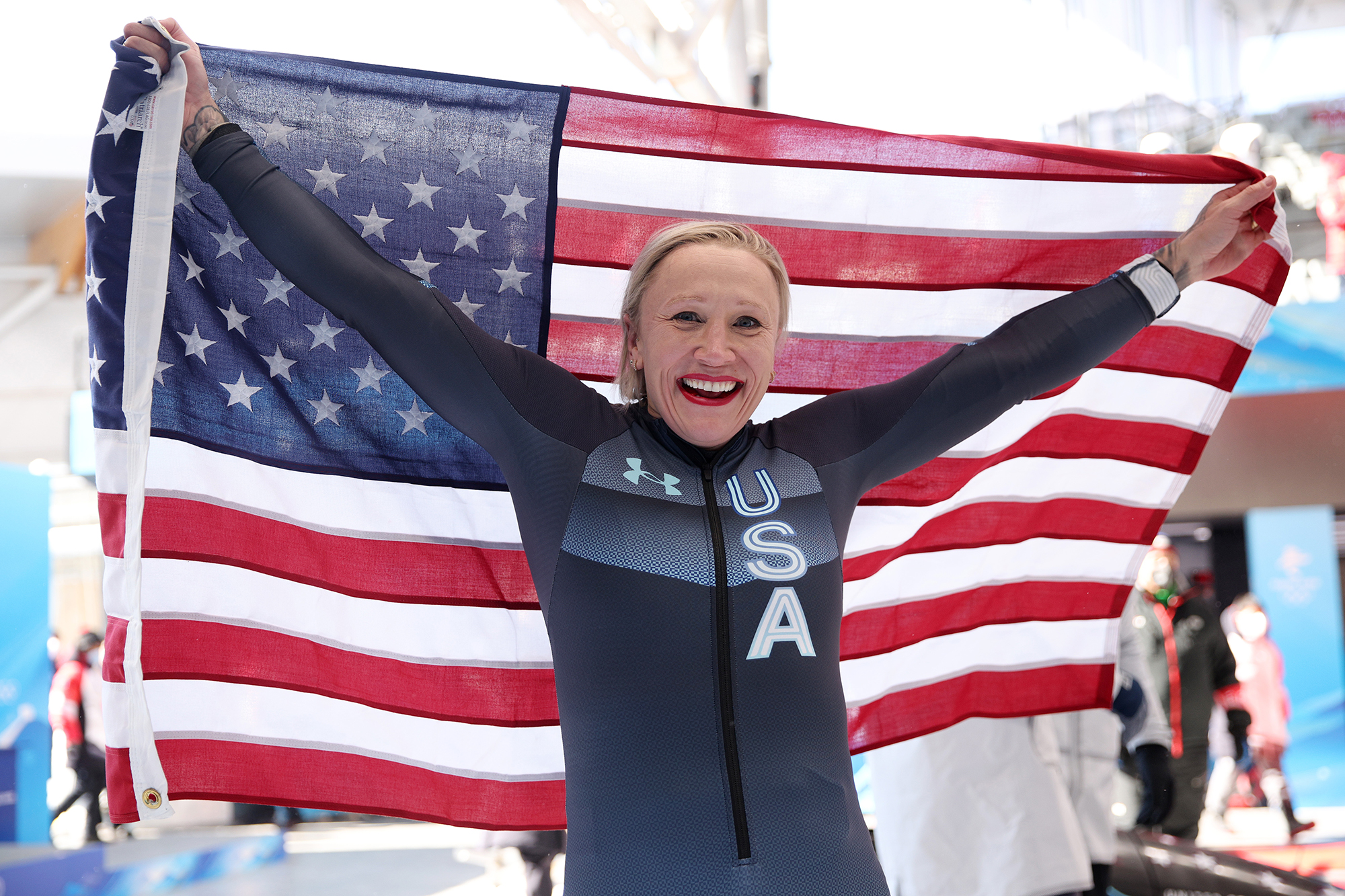 Gold medalist Kallie Humphries of Team USA celebrates during the women's monobob bobsled event on February 14.