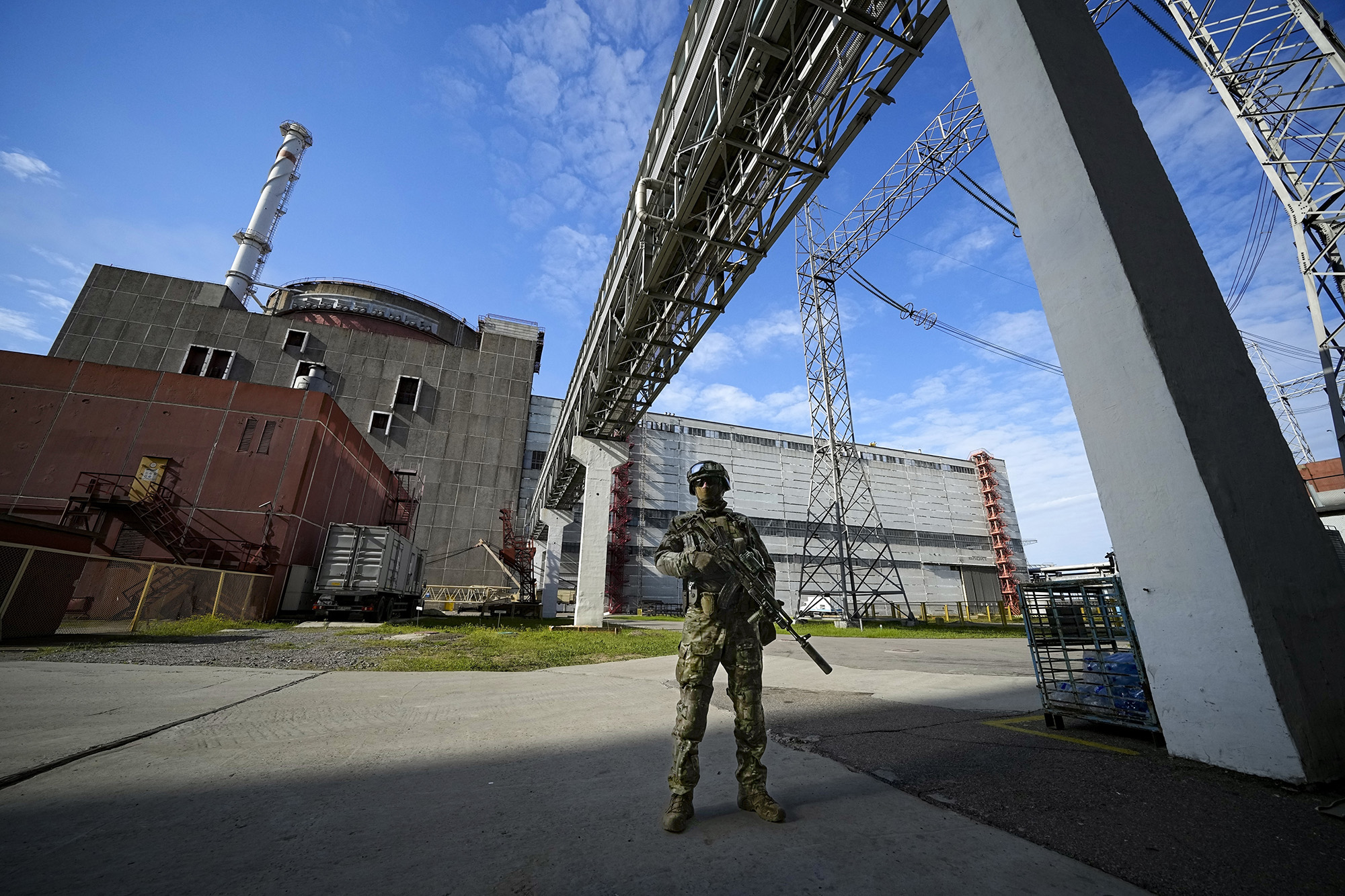 A Russian serviceman guards in an area of the Zaporizhzhia Nuclear Power Station in territory under Russian military control, southeastern Ukraine, on May 1.