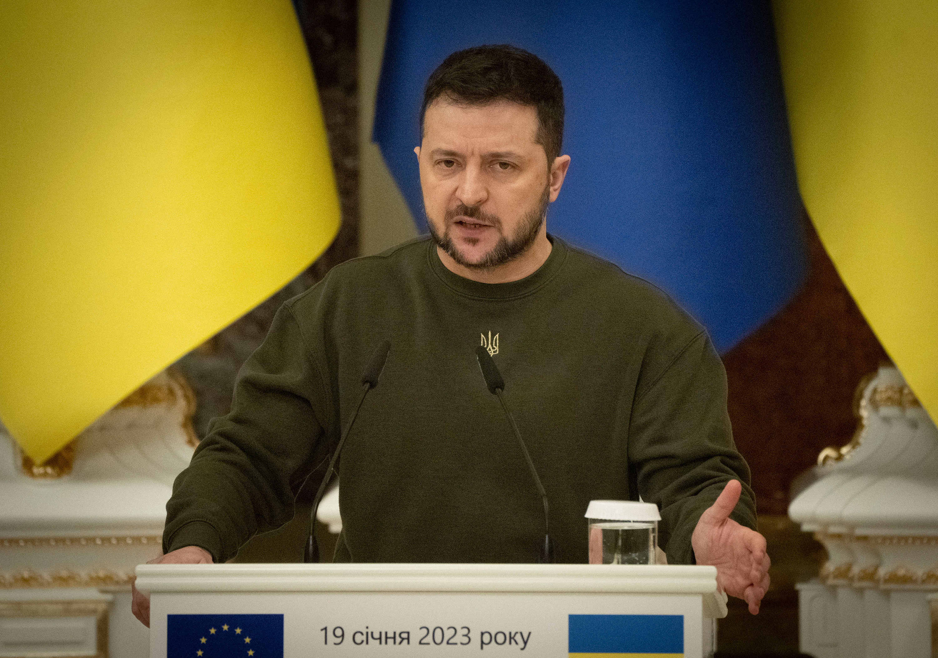 Ukrainian President Volodymyr Zelensky speaks during a news conference with European Council President Charles Michel after their meeting in Kyiv, Ukraine, on Thursday.