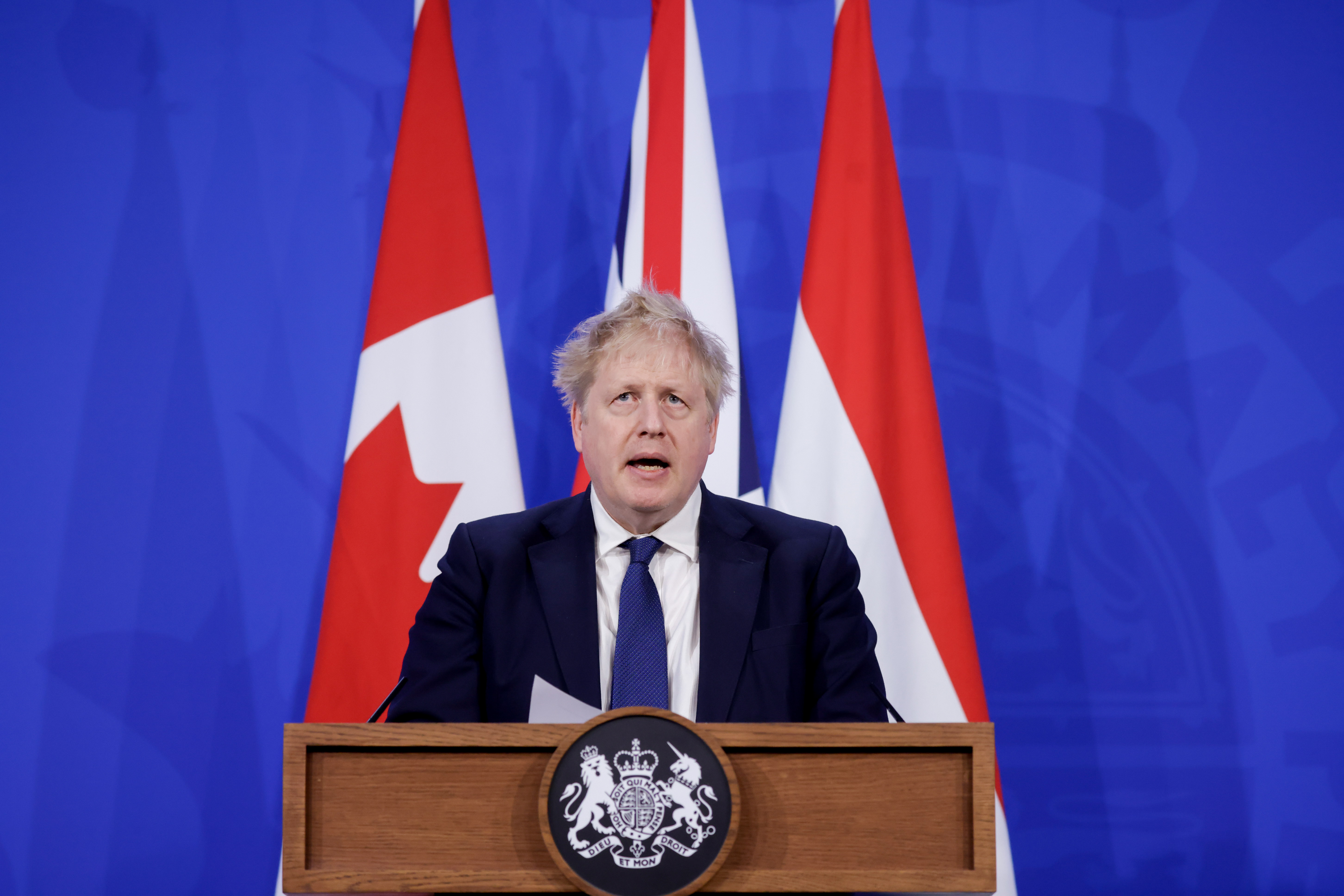 Boris Johnson, U.K. prime minister, speaks during a joint news conference with Justin Trudeau, Canada's prime minister, and Mark Rutte, Netherland's prime minister, on the war in Ukraine, in London, on March 7.