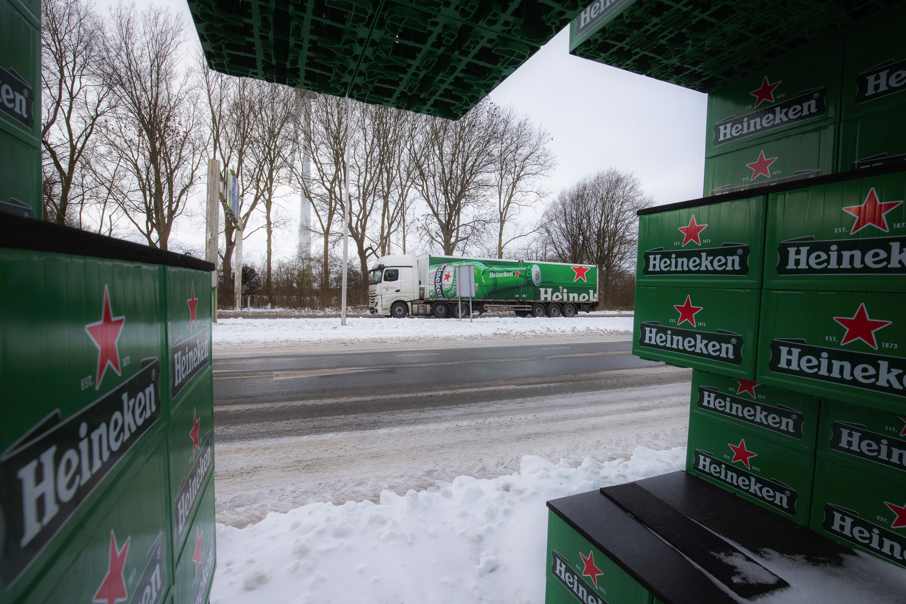 A truck drives near the Heineken brewery in Zoeterwoude, Netherlands, on February 9.
