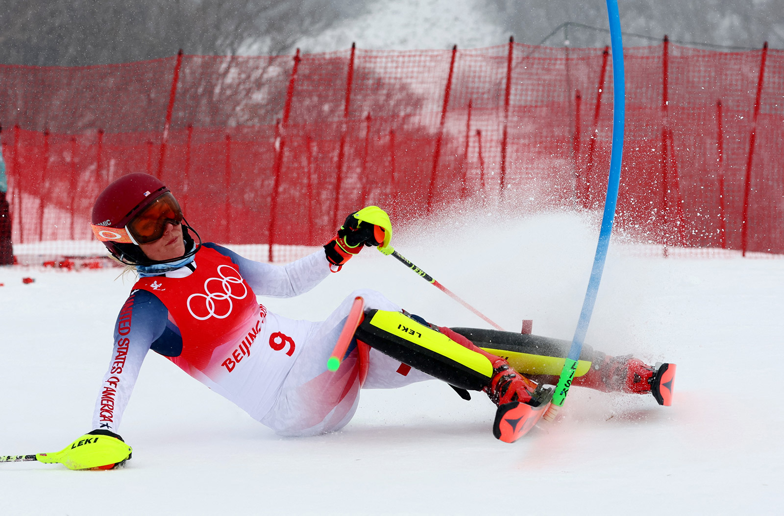American skier Mikaela Shiffrin falls during her run in the slalom portion of the combined event on Thursday.