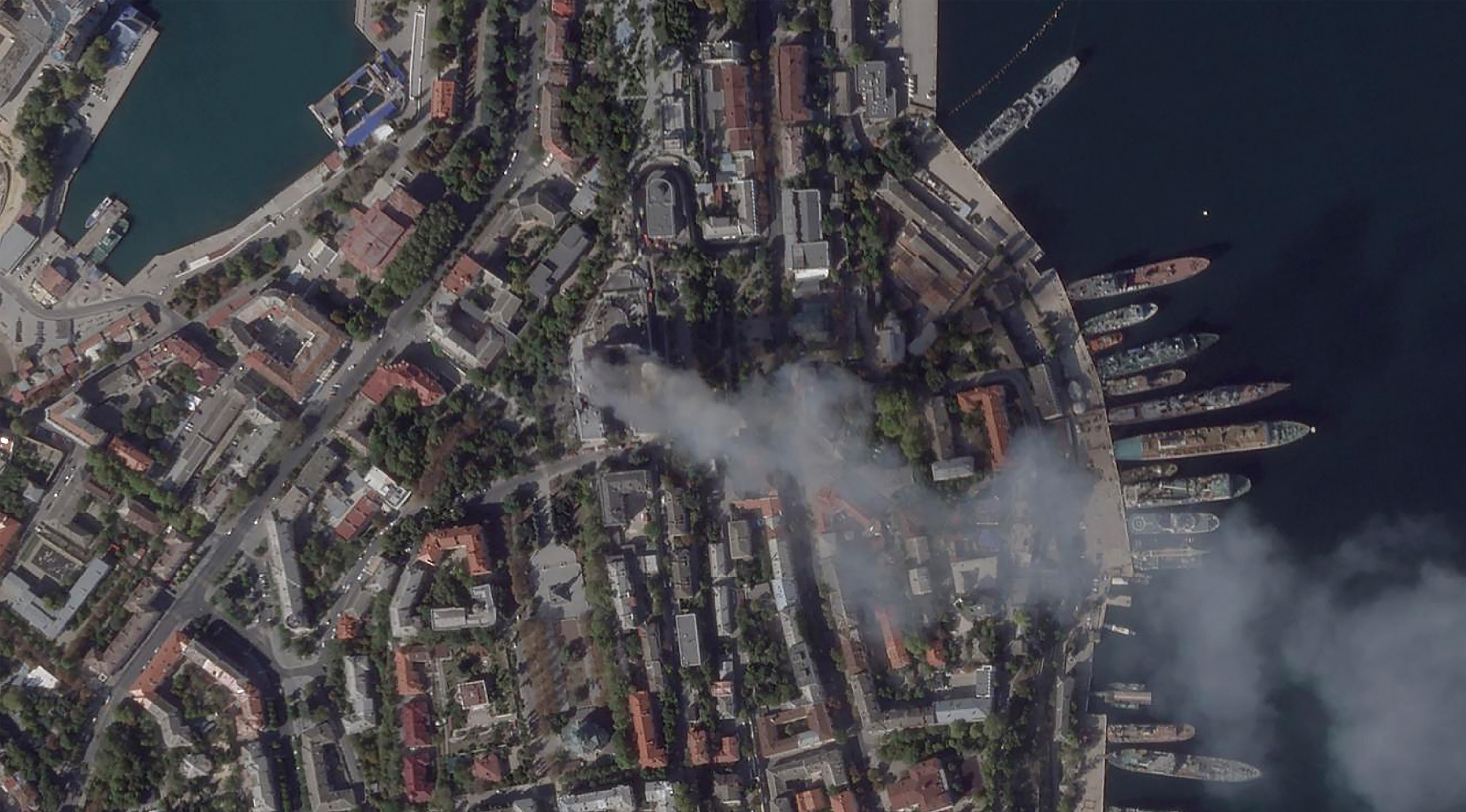This satellite photo shows damage to a headquarters building for the Russian Black Sea fleet in Sevastopol, Crimea on Friday, September 22.
