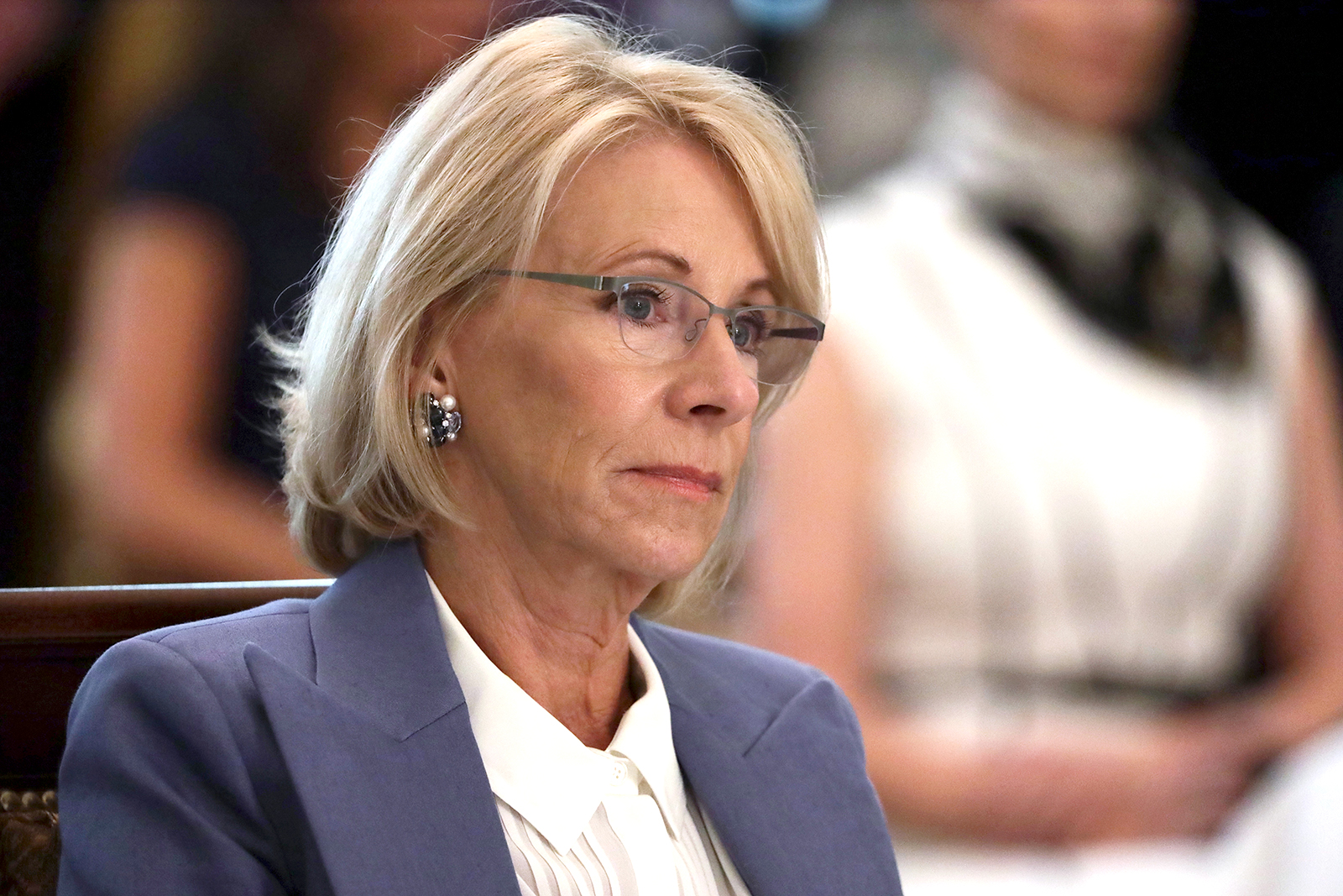 US Secretary of Education Betsy DeVos listens during a cabinet meeting at the White House in Washington, DC on May 19. 