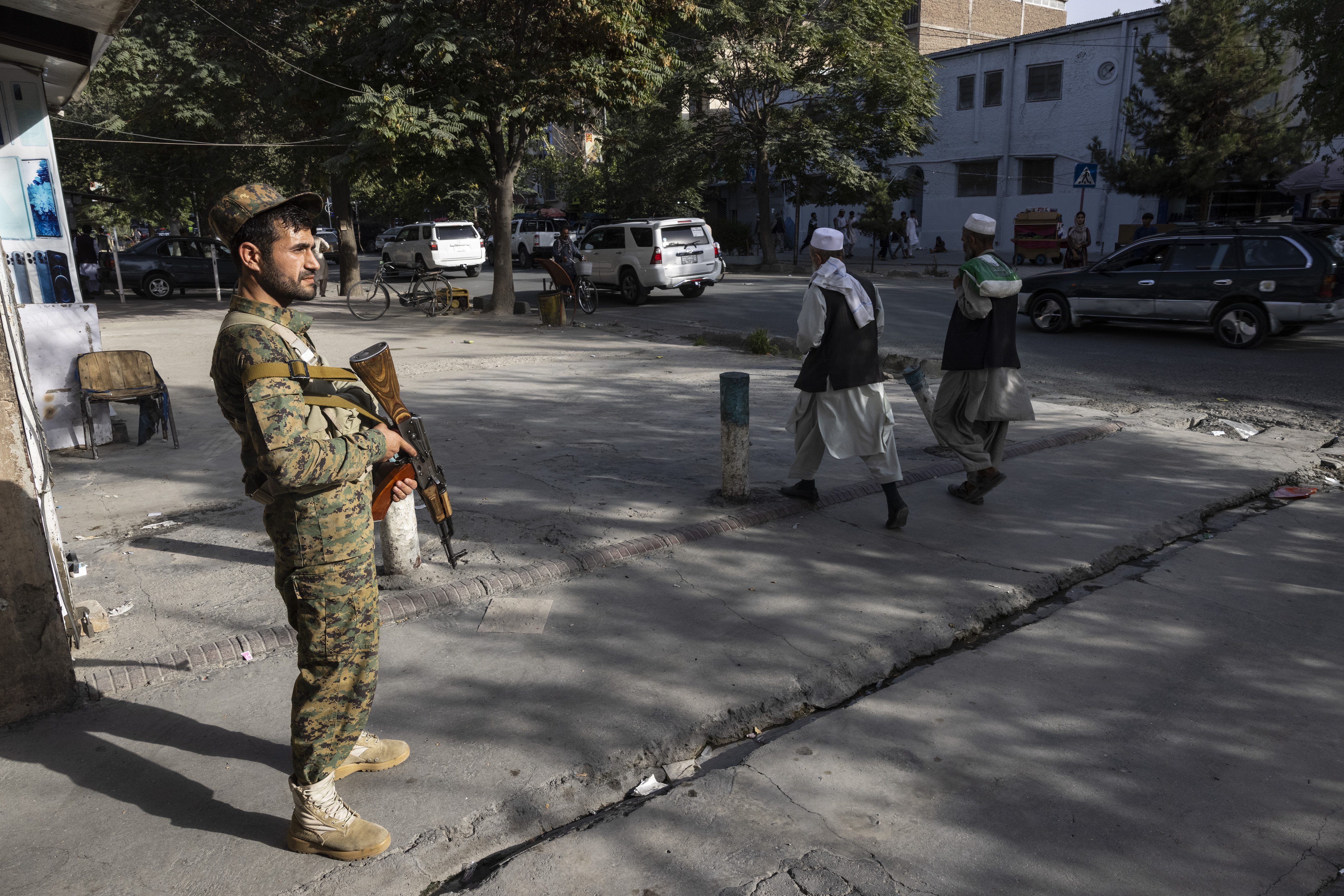 Kabul police secure areas in the central part of the city on August 13, 2021 in Kabul, Afghanistan. 