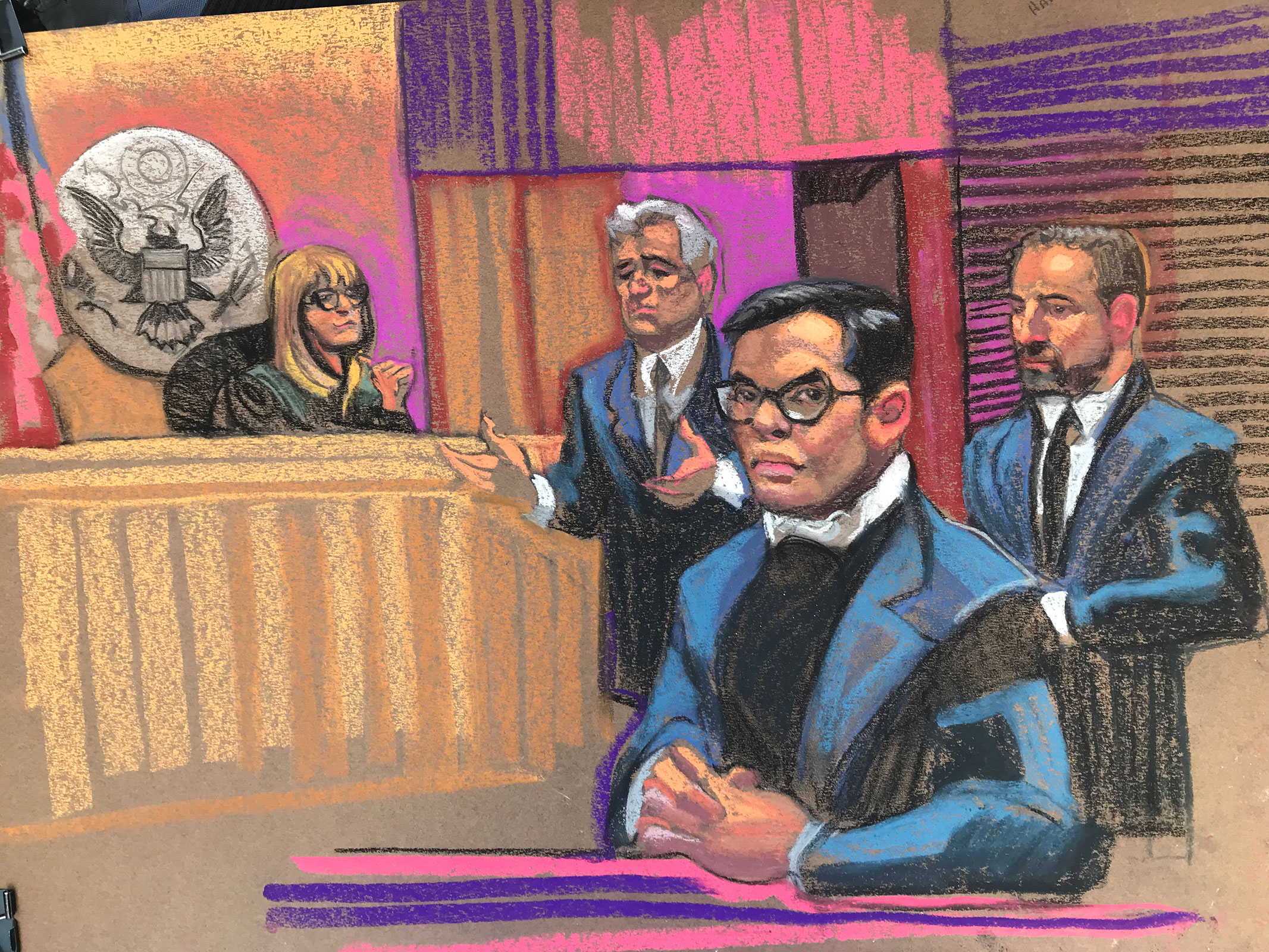 In this court sketch, New York Rep. George Santos appears at Central Islip Federal Courthouse in Central Islip, New York. He plead not guilty Wednesday to 13 federal charges, including counts of wire fraud, money laundering, theft of public funds and lying to the US House. 