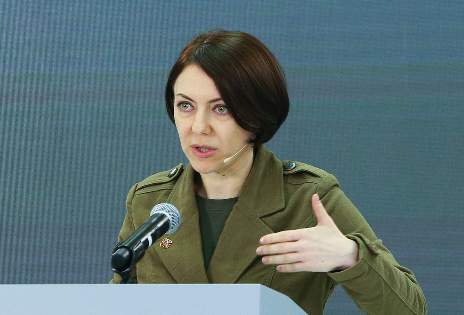Hanna Maliar speaks at a media briefing in Kyiv, Ukraine on April 13.