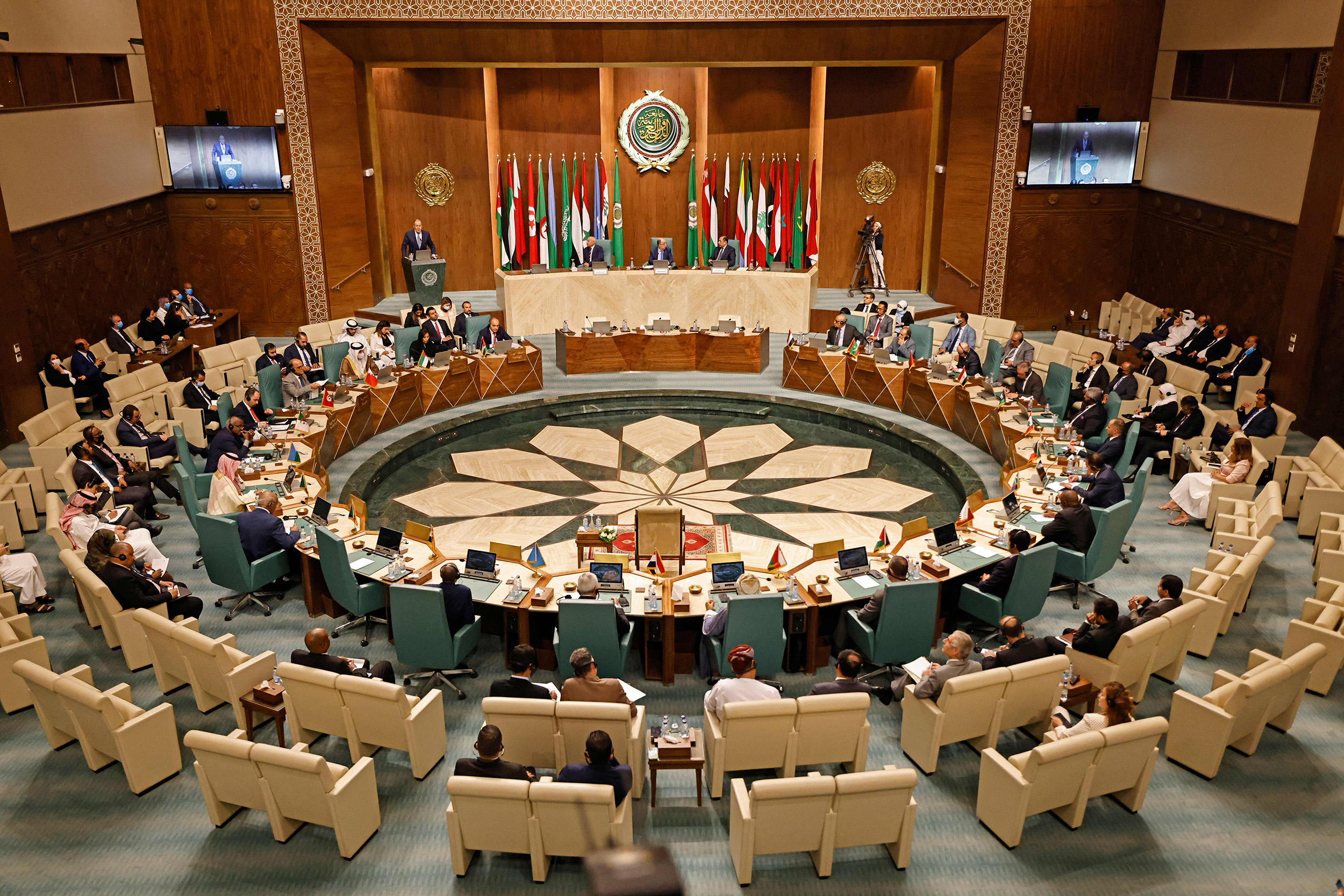 Russian Foreign Minister Sergei Lavrov addresses the Arab League meeting at its headquarters in Cairo on July 24.