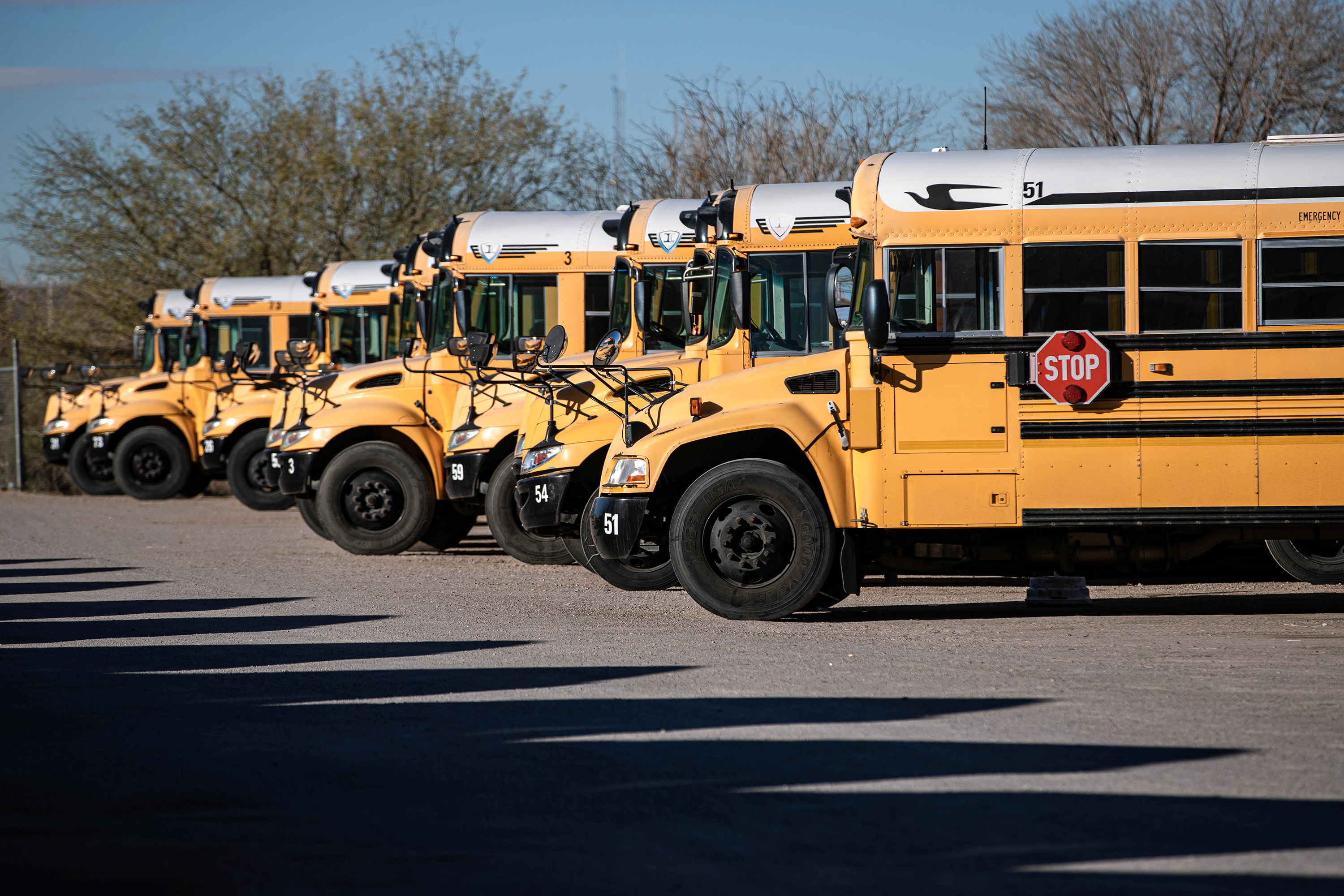 School buses sit in a lot in Las Cruces, New Mexico, on January 14. 