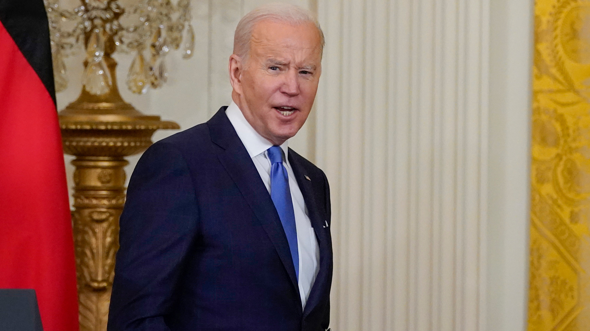 President Joe Biden answers a question shouted by a reporter after a news conference with German Chancellor Olaf Scholz in the East Room of the White House on February 7 in Washington, DC.