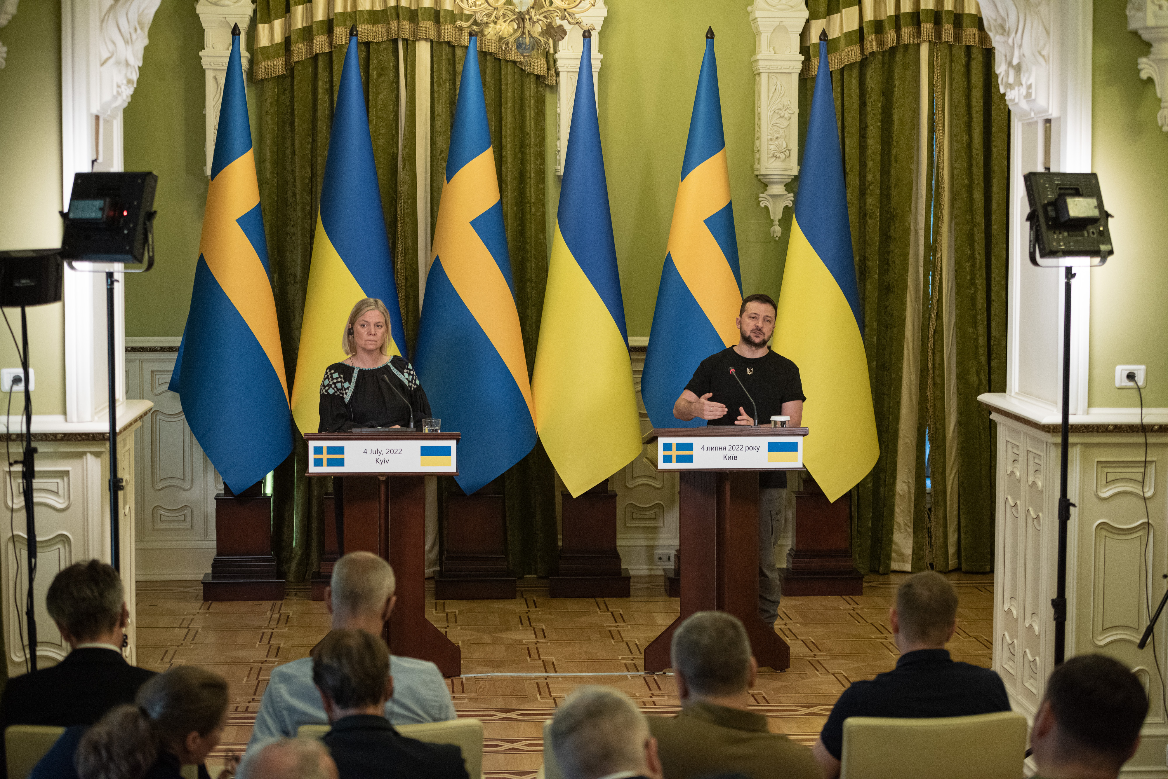 Swedish Prime Minister Magdalena Andersson and Ukrainian President Volodymyr Zelensky during a joint news conference on July 4, in Kyiv, Ukraine.  