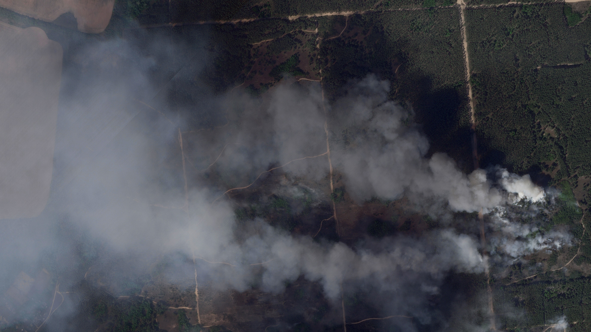 This satellite image shows smoke rising after a suspected artillery strike on the front lines near Izyum, Ukraine, on May 7.