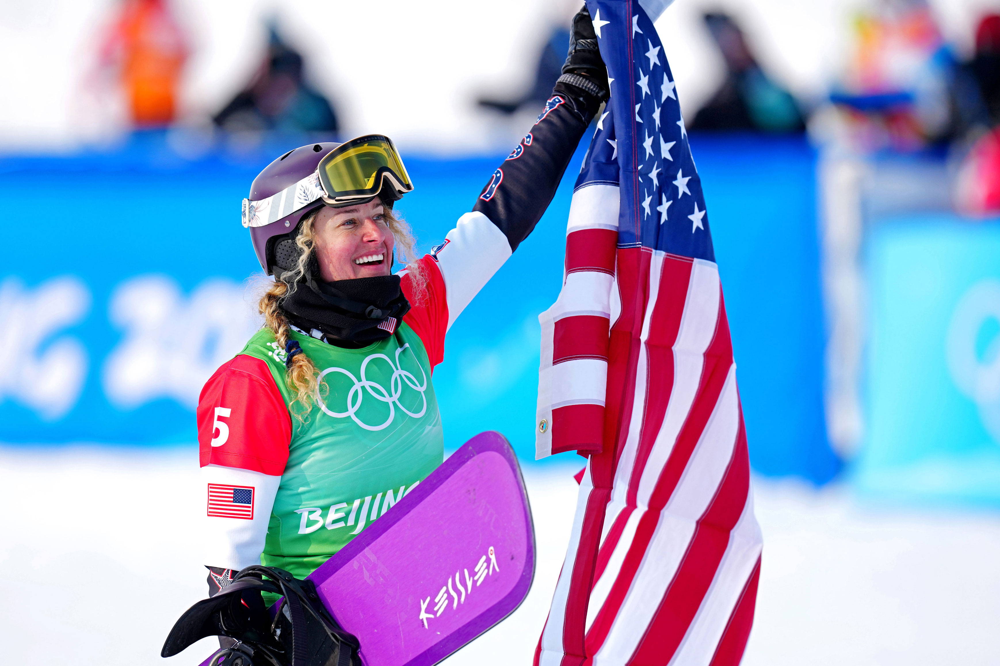Lindsey Jacobellis of the United States celebrates after winning gold at the women's snowboard cross big final on Wednesday.
