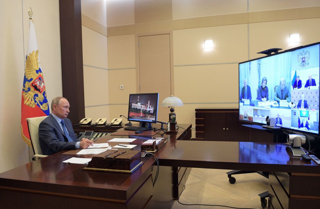 Russian President Vladimir Putin chairs a video conference meeting on the coronavirus at the Novo-Ogaryovo state residence outside Moscow on April 20. 