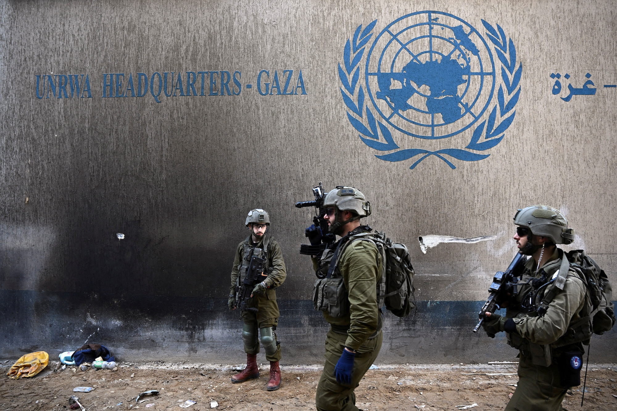 IDF soldiers operate next to the UNRWA headquarters in Gaza on February 8.