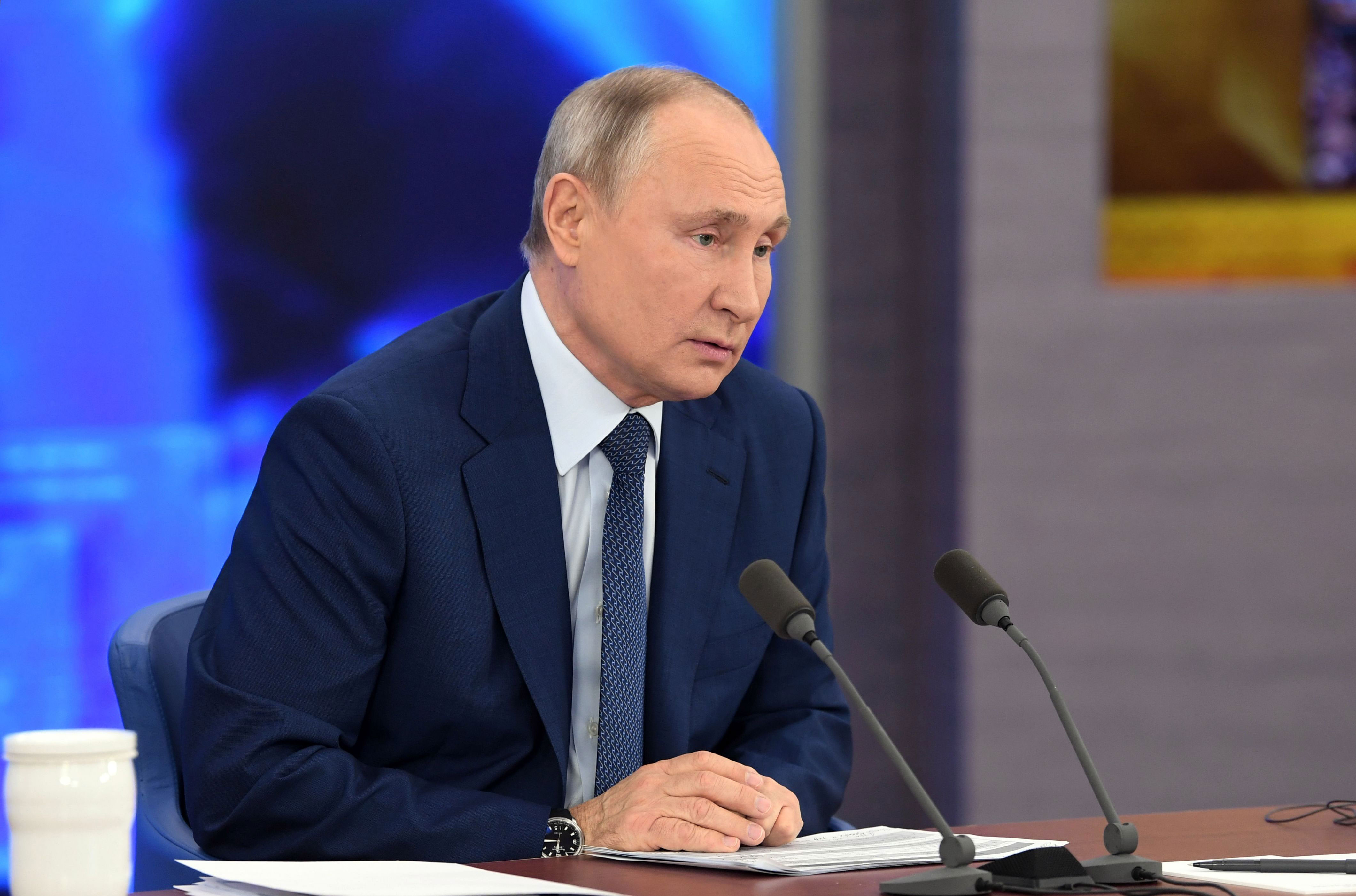 Russian President Vladimir Putin holds via video his annual press conference at the Novo-Ogaryovo state residence outside Moscow on December 17.