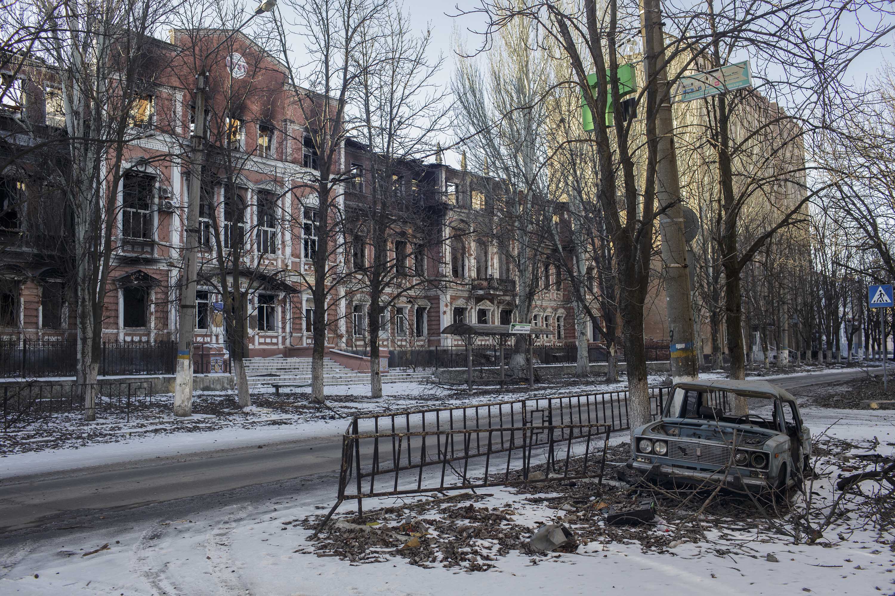 Damage is seen after Russian shelling in Bakhmut, Ukraine, on February 10. 