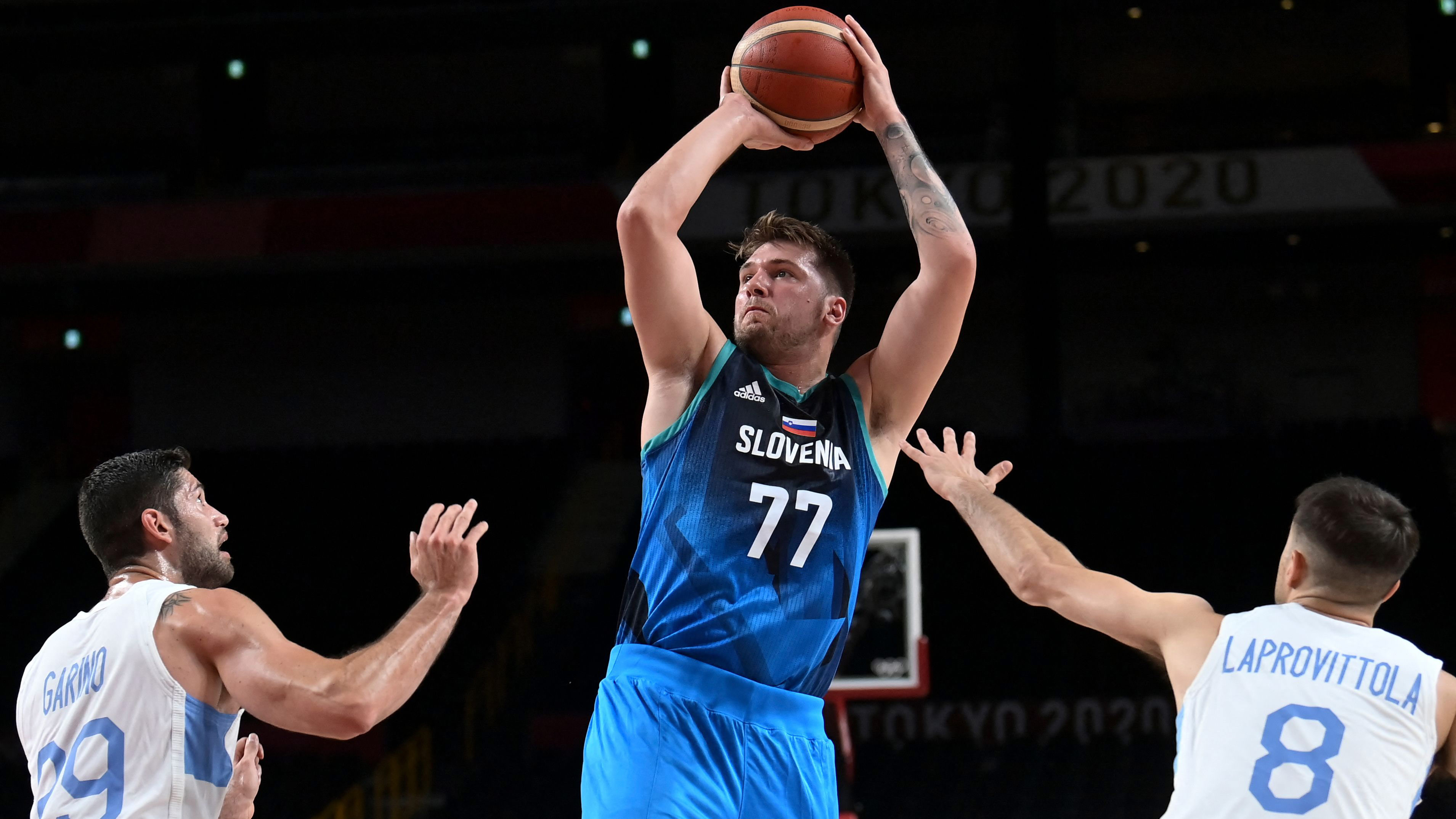 Slovenia's Luka Doncic takes a shot in the preliminary round group C basketball match between Argentina and Slovenia on July 26.