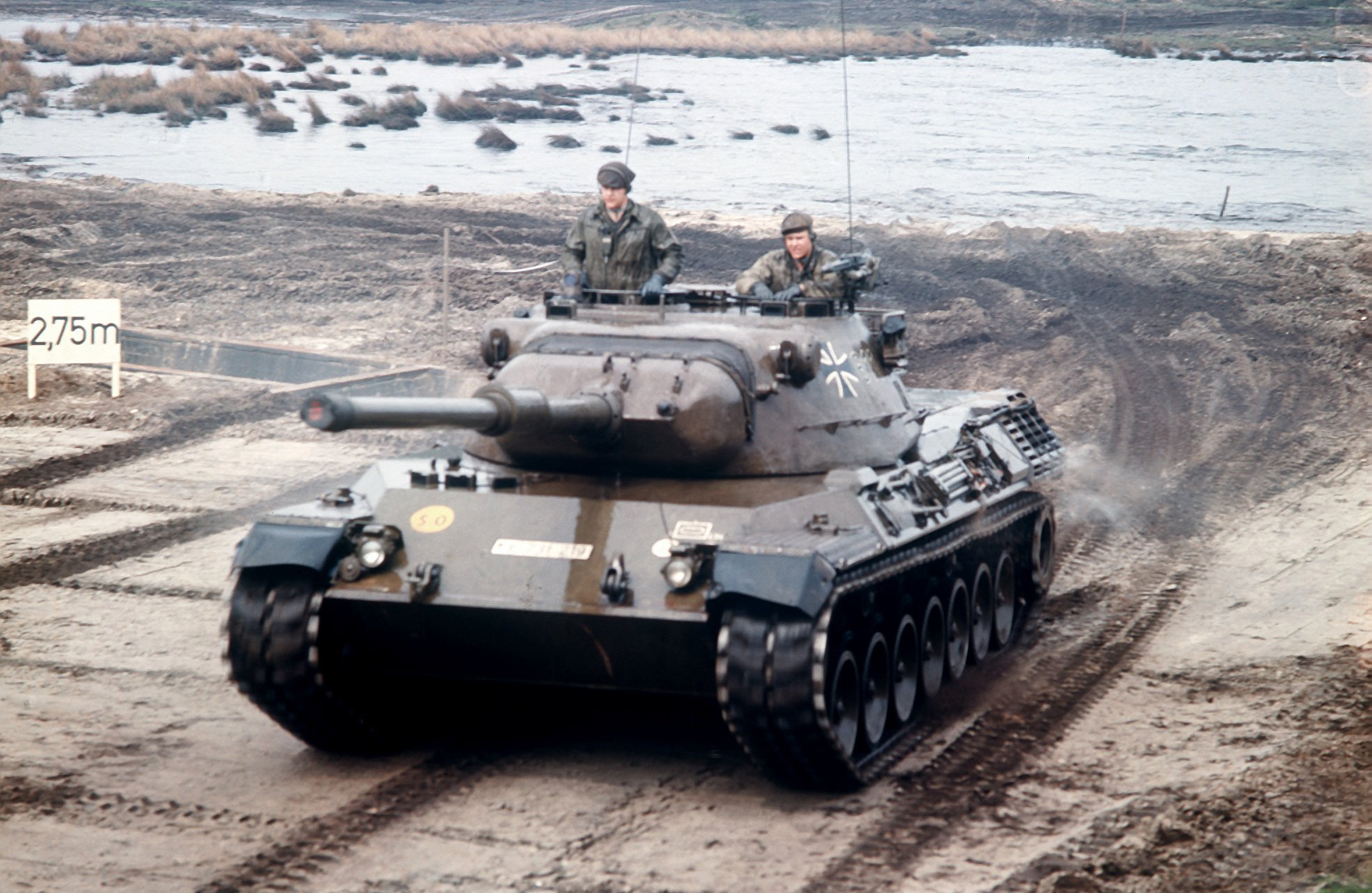 A Leopard 1 tank of the German Bundeswehr during military exercises in the field.