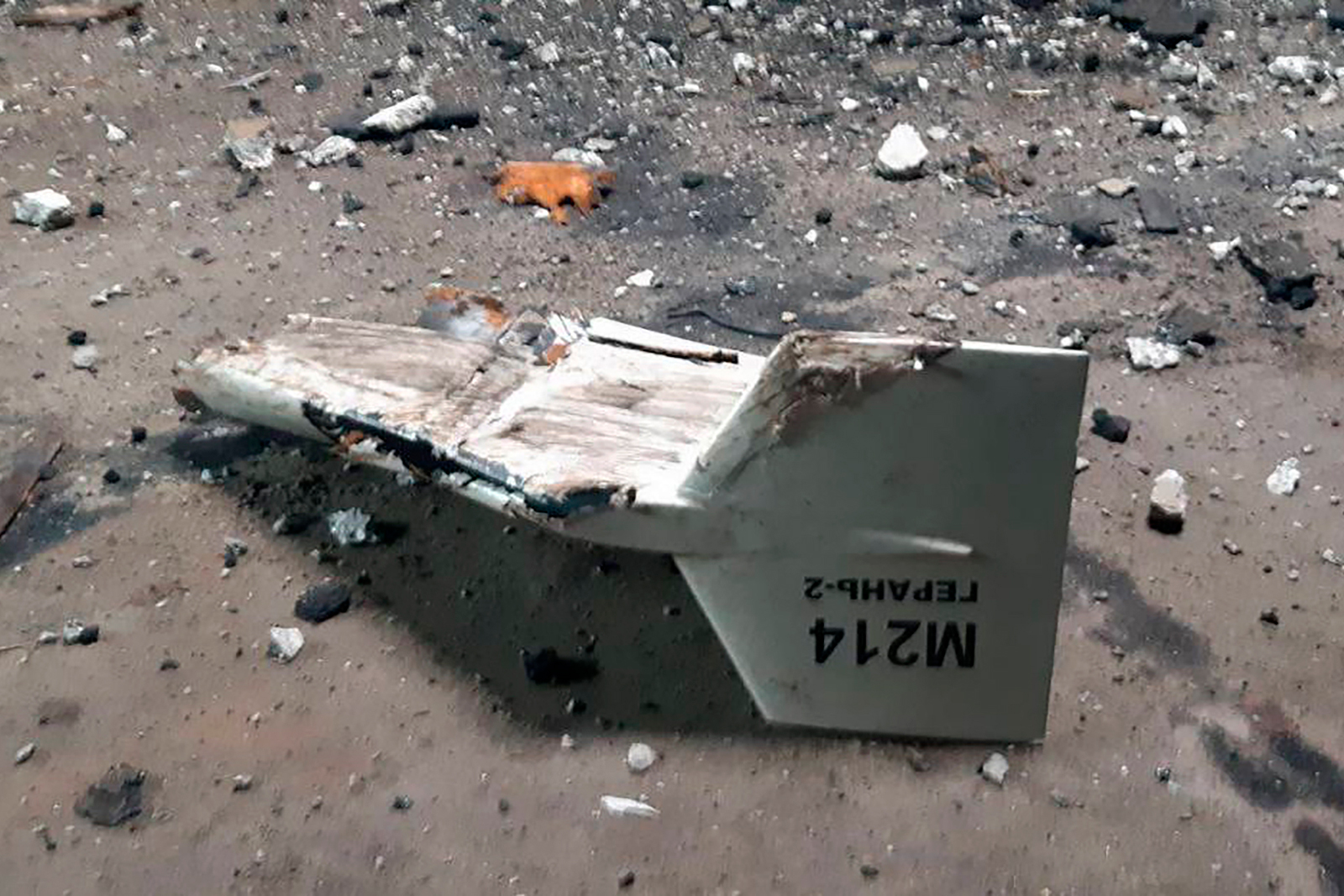The wreckage of what Kyiv has described as an Iranian Shahed drone downed is seen near Kupiansk on September. 