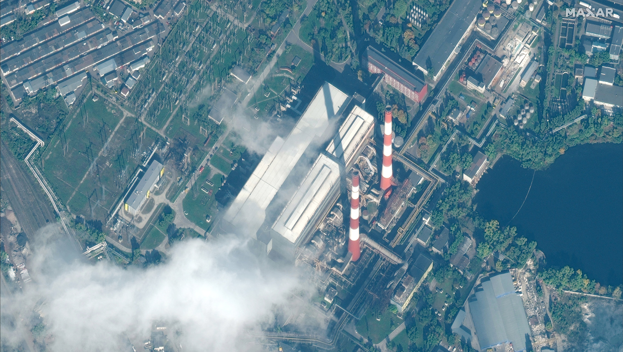 A satellite view of damage at the Tets-5 power station, in Kyiv, Ukraine, on October 12.