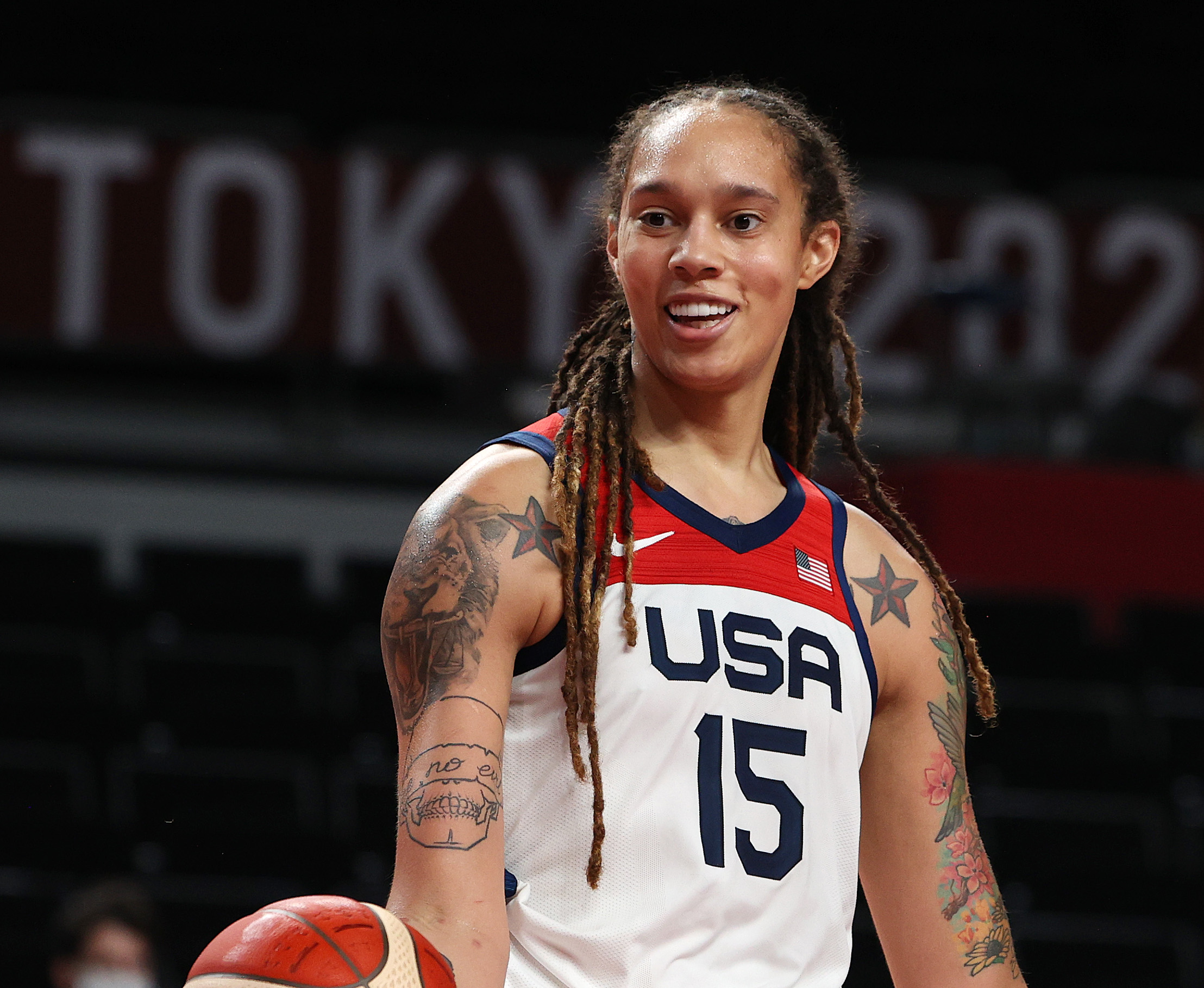 Brittney Griner #15 of Team United States looks on against Serbia during the second half of the women's basketball semifinals on August 6 in Saitama, Japan. 