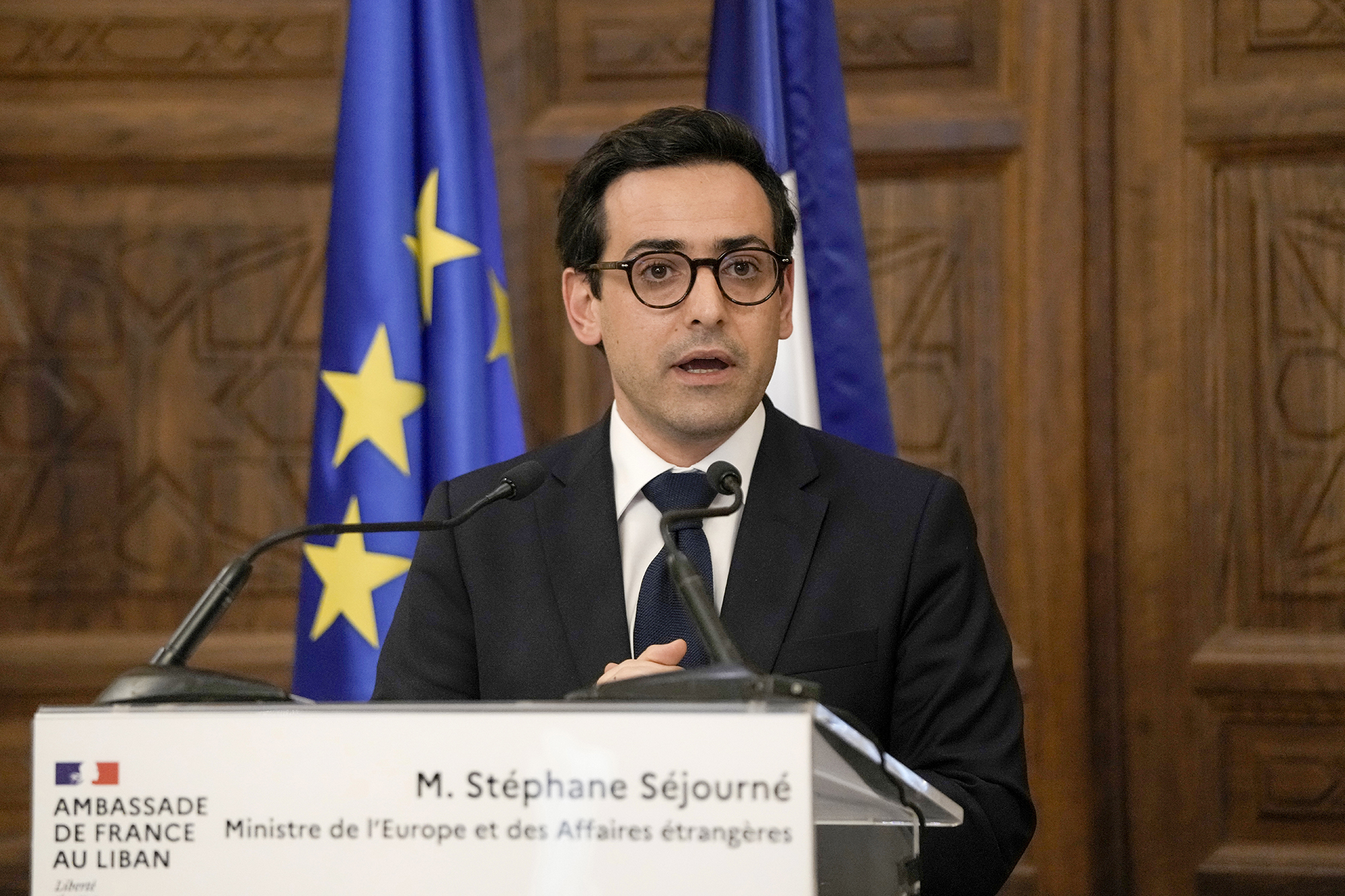 French Foreign Minister Stephane Sejourne speaks during a press conference at the Pine Palace, in Beirut, Lebanon, on April 28.