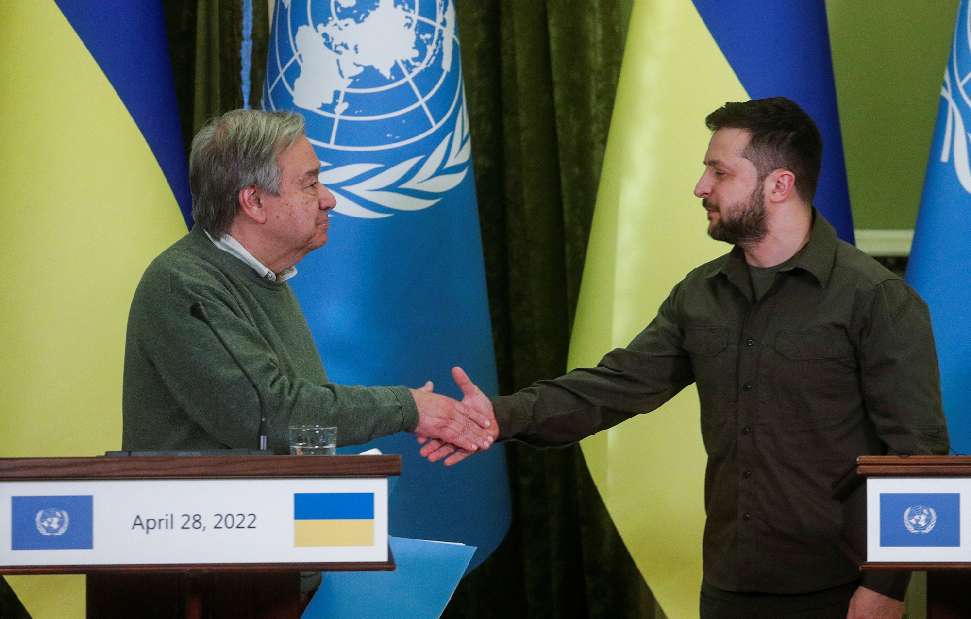 United Nations Secretary-General António Guterres is greeted by Ukrainian President Volodymyr Zelensky prior to a joint news conference in Kyiv, Ukraine Thursday April 28.