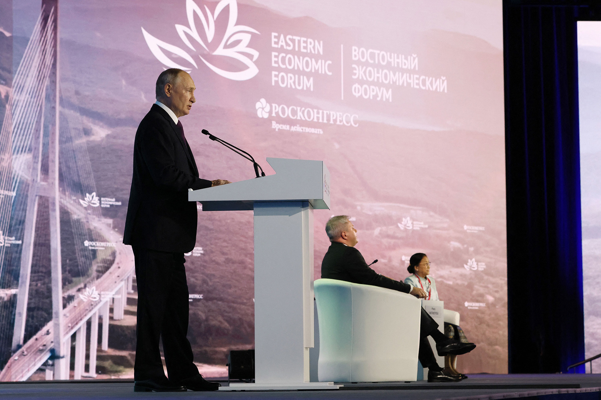 Russia's President Vladimir Putin addresses the audience during the Eastern Economic Forum in Vladivostok, Russia, on September 12.