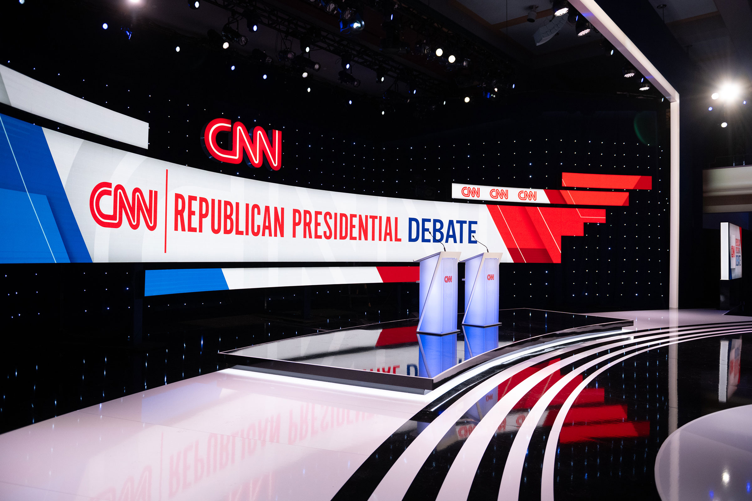 The stage is set ahead of CNN’s Republican Presidential debate with former South Carolina Gov. Nikki Haley and Florida Gov. Ron DeSantis in Des Moines, Iowa, on January 10. 