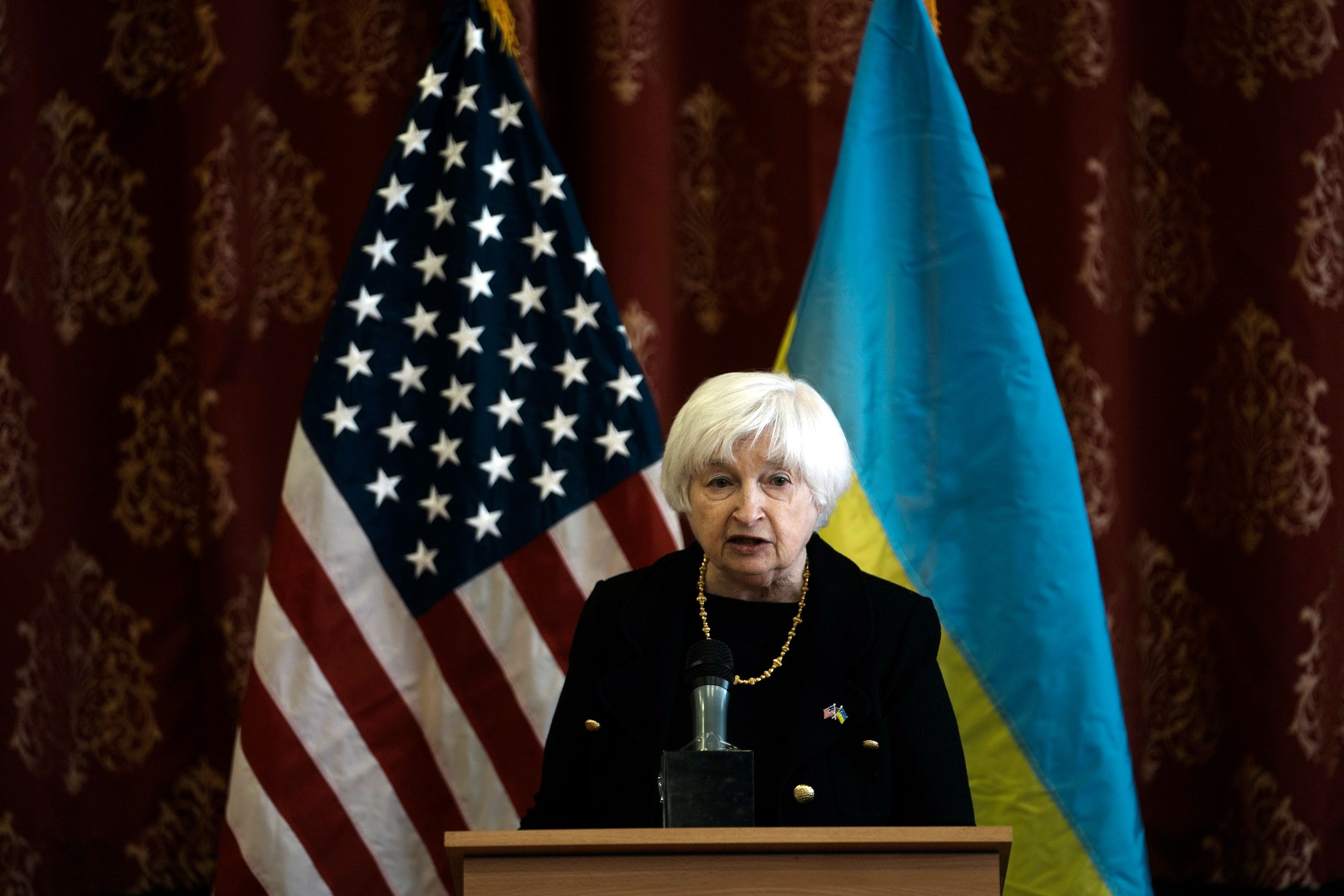 US Treasury Secretary Janet Yellen speaks during a press conference in Kyiv, Ukraine, on Monday.