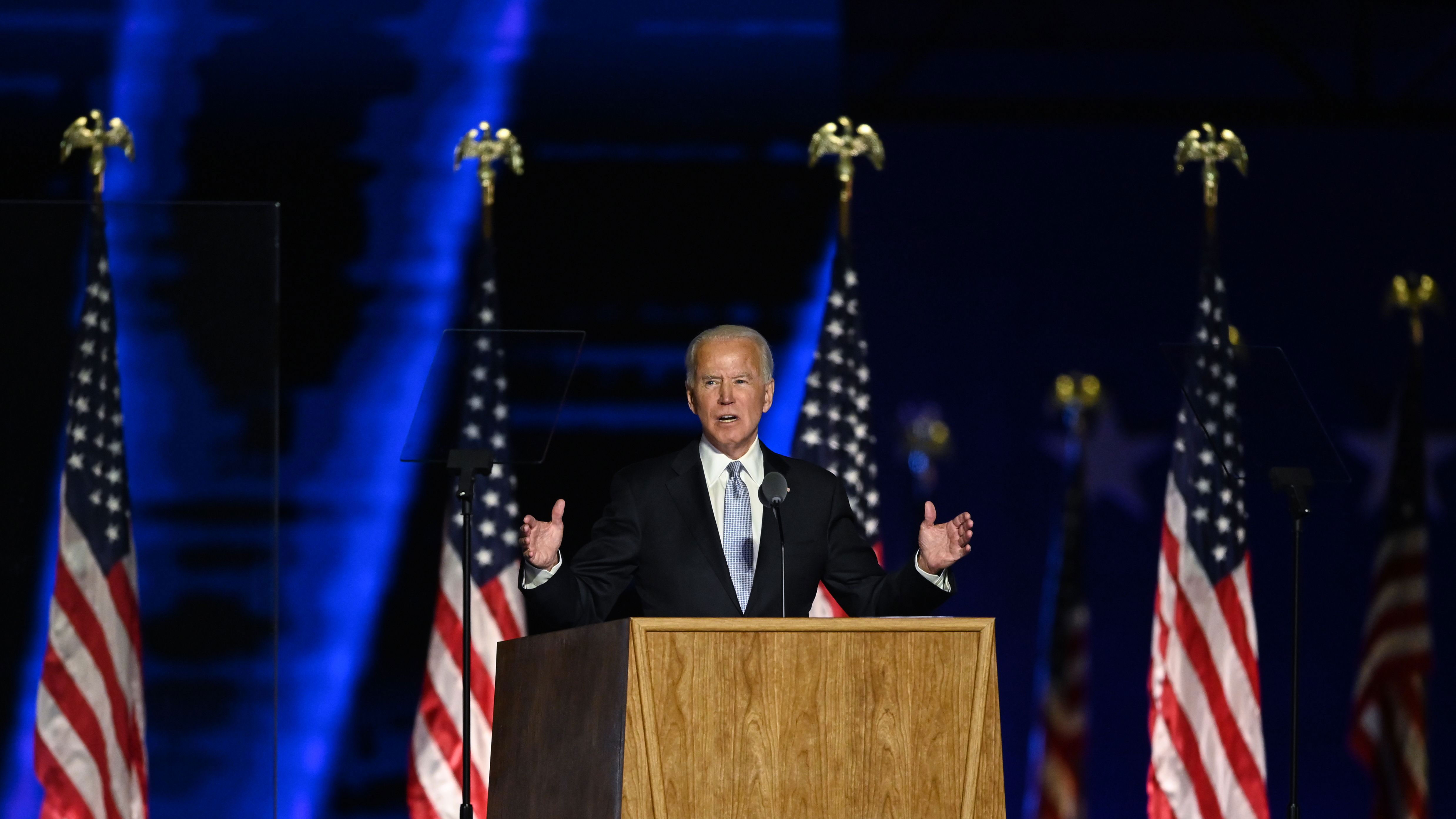 President-elect Joe Biden delivers remarks in Wilmington, Delaware, on November 7.