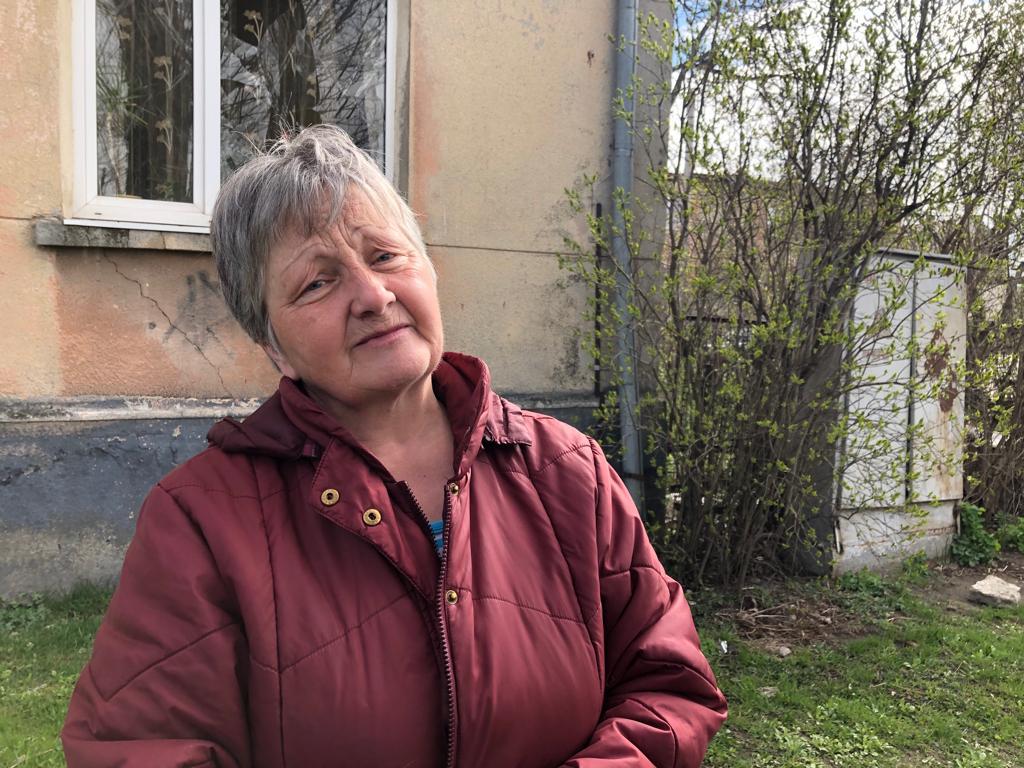 Mariya Holovchak, 67, who lives across a tire repair shop that was hit in a missile strike.