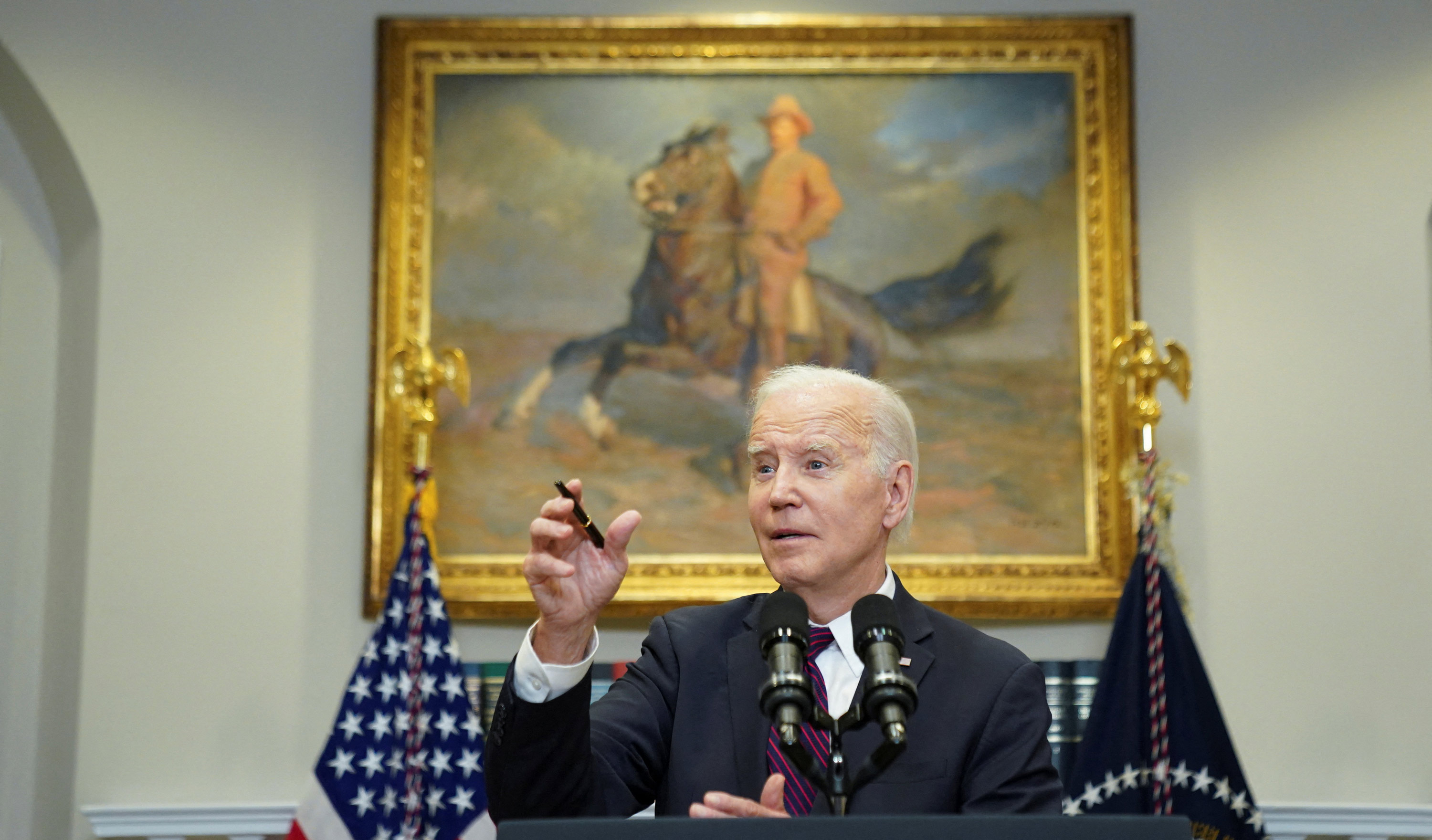 President Joe Biden answers questions from reporters in the Roosevelt Room after holding debt limit talks with House Speaker Kevin McCarthy (R-CA), Senate Republican Leader Mitch McConnell (R-KY) and Democratic congressional leaders at the White House in on May 9 in Washington, DC.