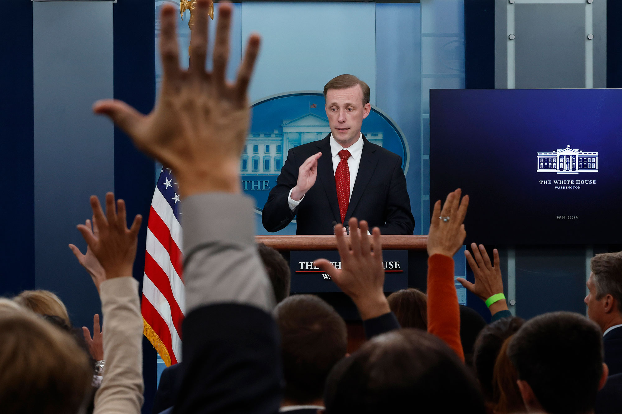 US President Joe Biden's national security adviser Jake Sullivan talks to reporters during the daily news conference in the Brady Press Briefing Room at the White House in Washington, DC on Friday.
