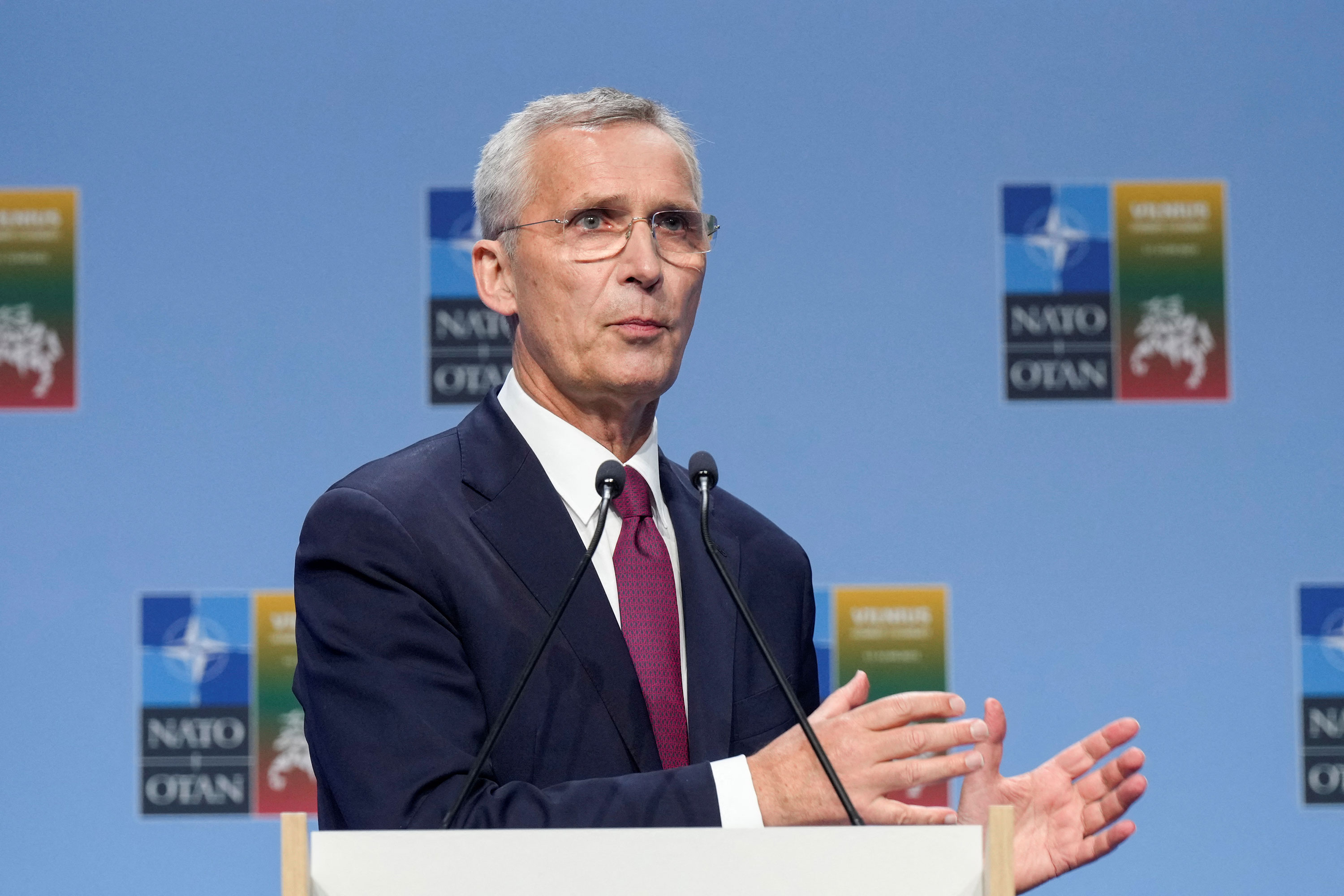 NATO Secretary-General Jens Stoltenberg holds a press conference in Vilnius, Lithuania, on Tuesday.